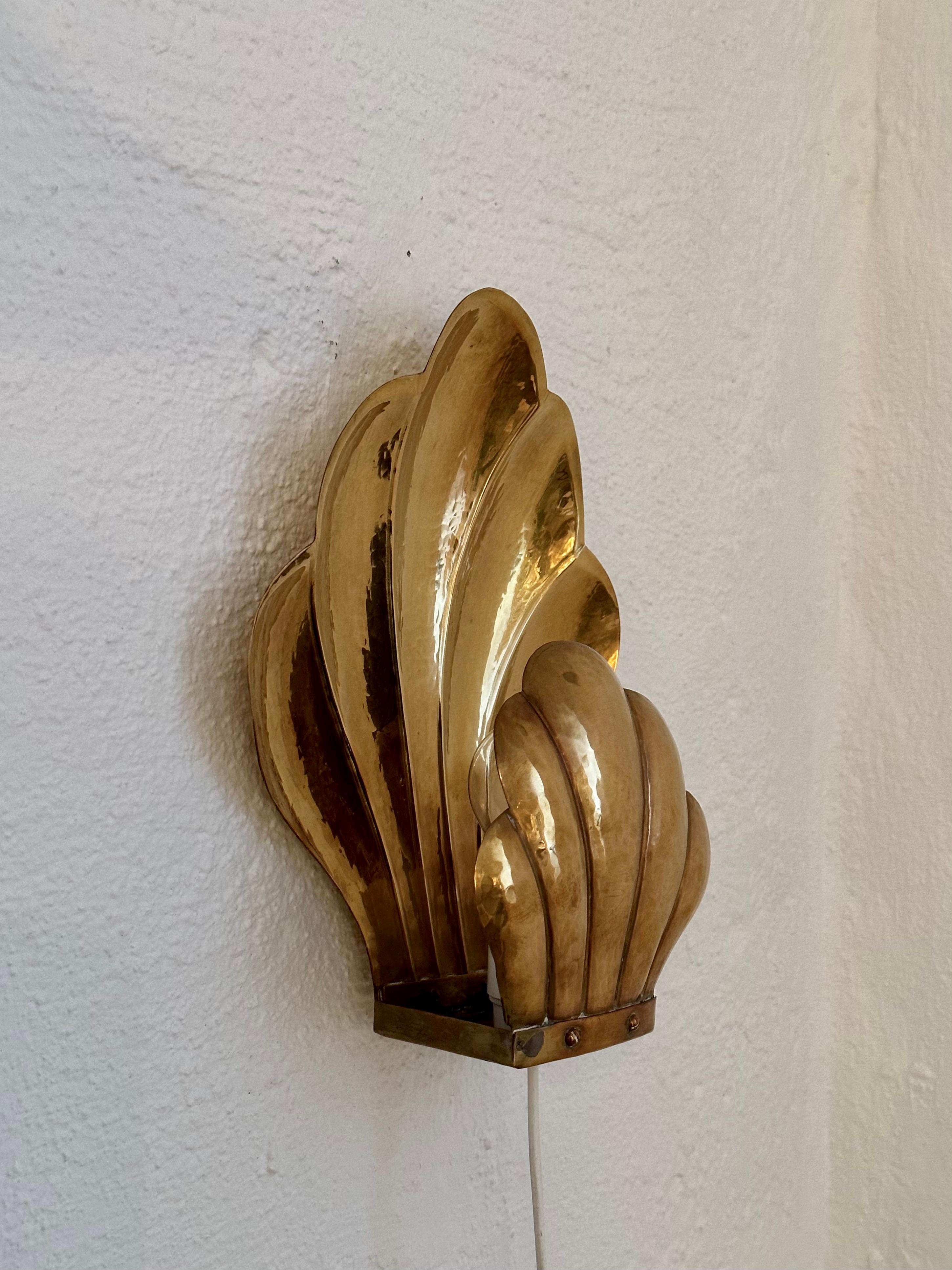 Scandinavian Modern Pair of Swedish Brass Clam Wall Sconces in the Manner of Lars Holmström, Arvika