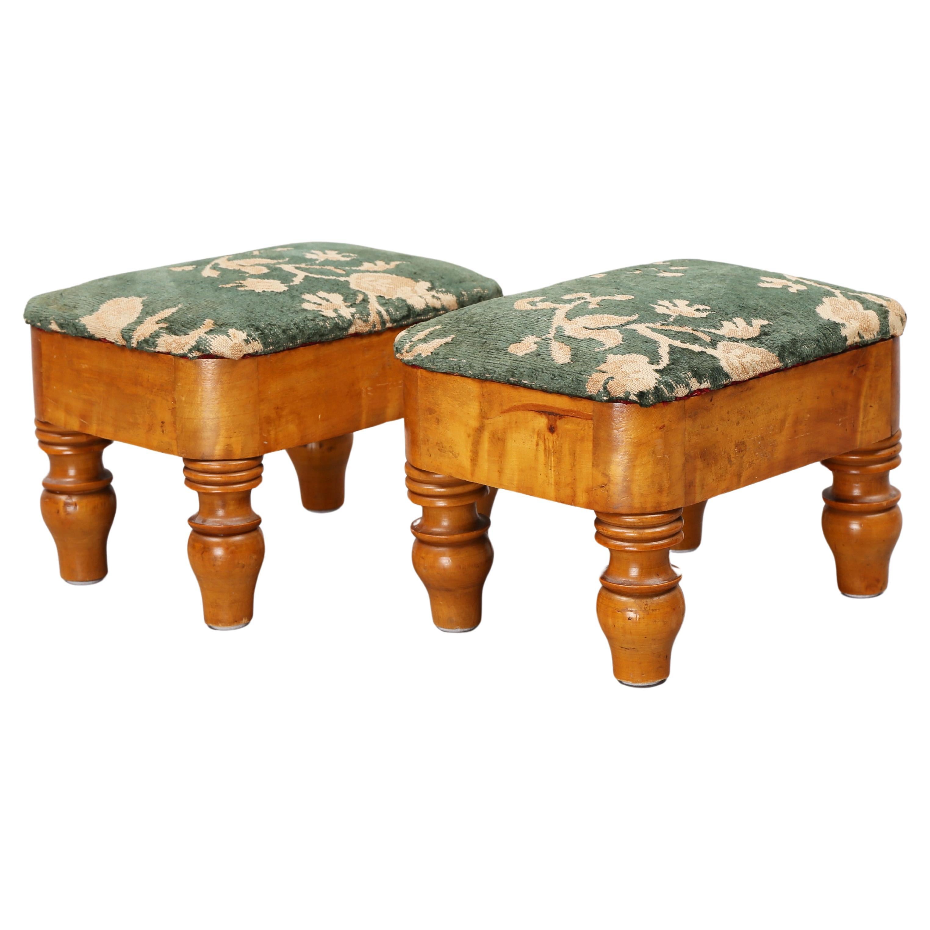 Pair of Swedish Cabinetmaker Footstools in Birch and Green Velvet Upholstery For Sale