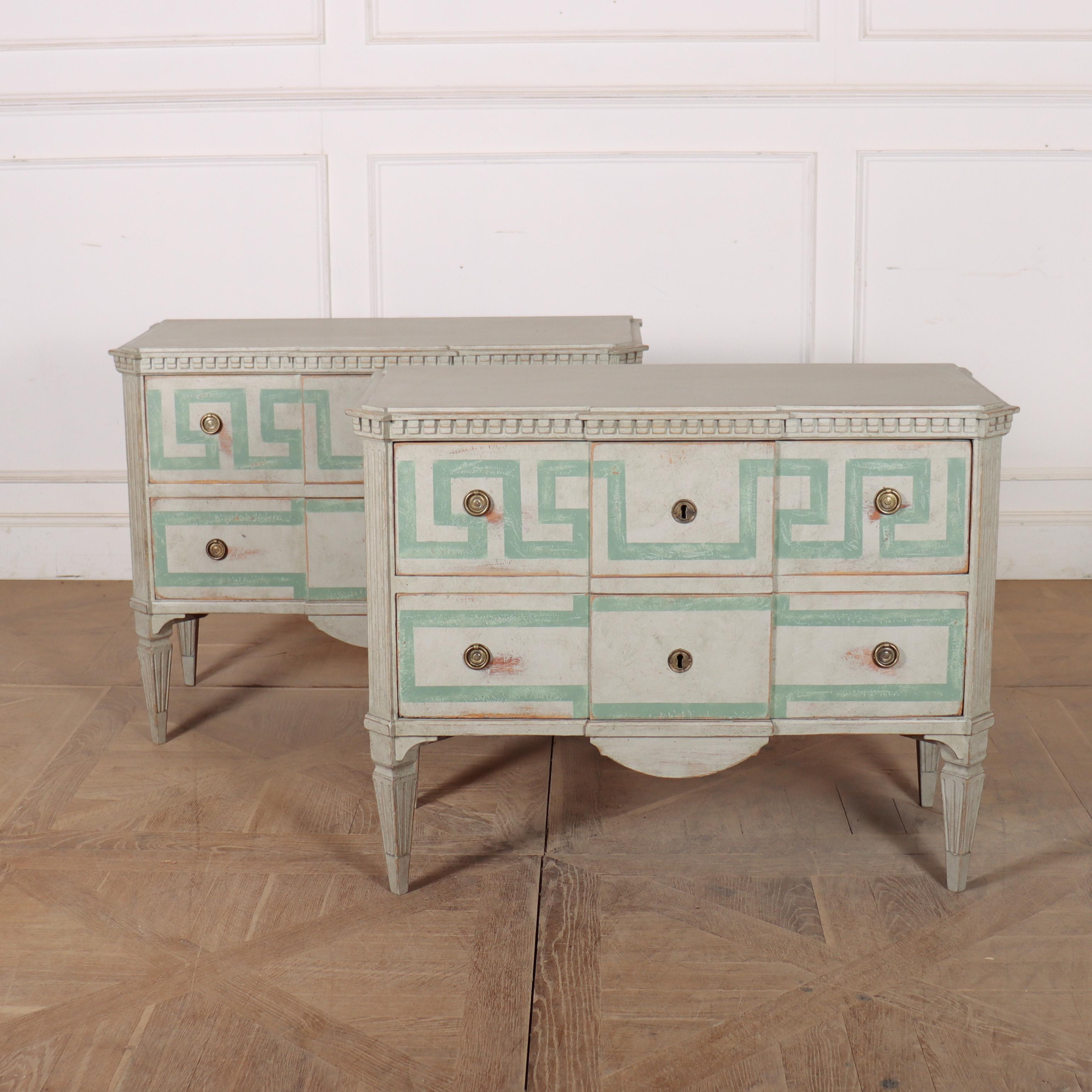 Pair of 19th Century Swedish 3 drawer commodes with Greek Key decoration. 1890
