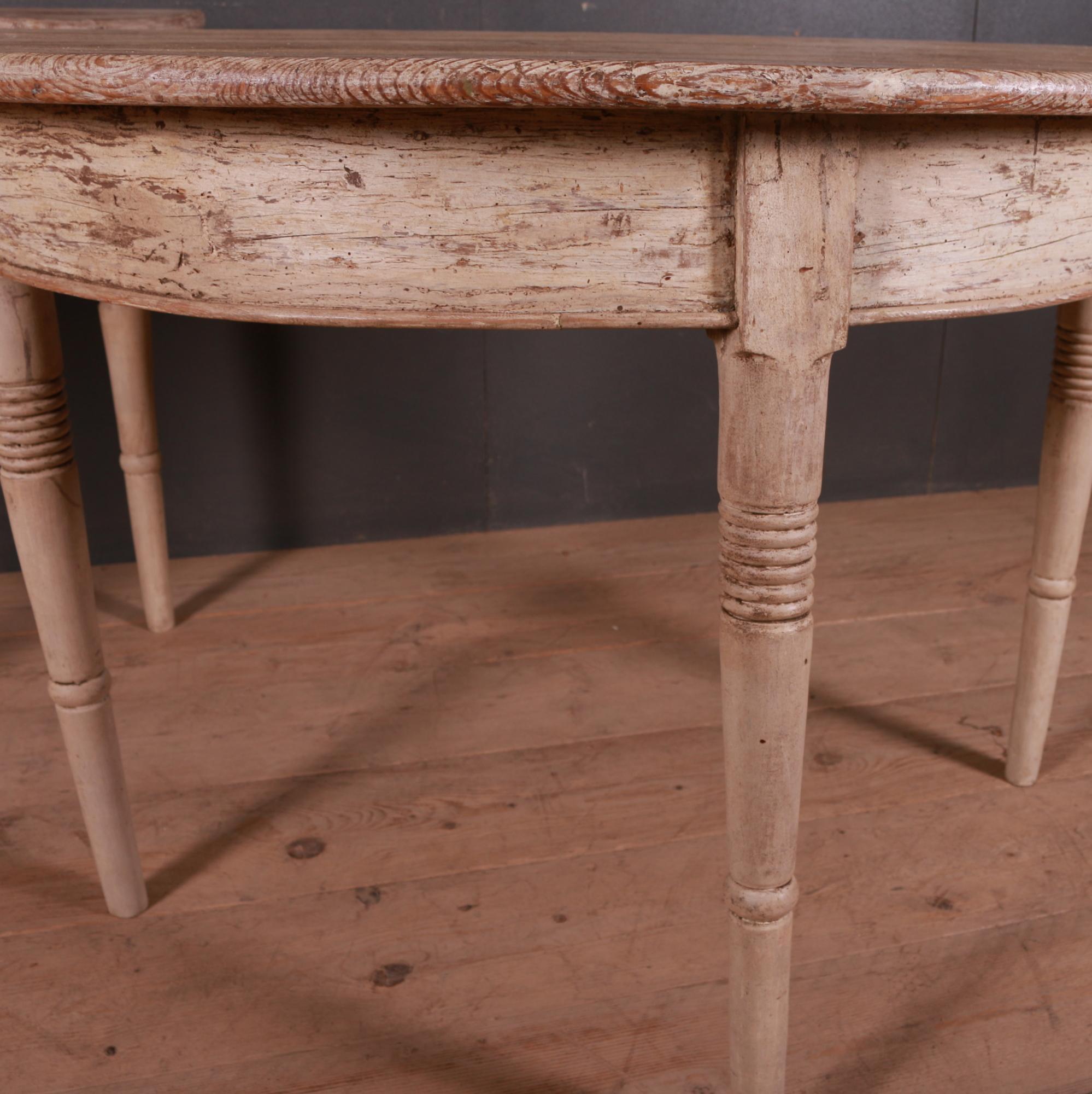 19th century pair of Swedish demilune console tables, 1890.

Dimensions:
47 inches (119 cms) wide
23 inches (58 cms) deep
30.5 inches (77 cms) high.