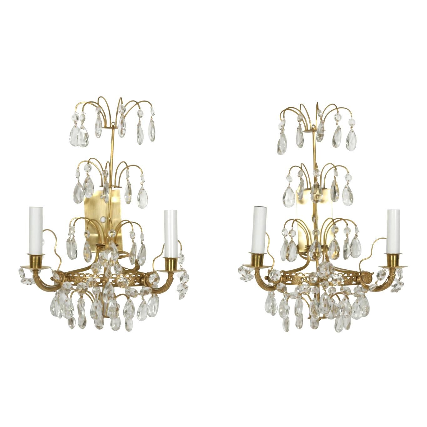 Pair of Swedish Crystal and Brass Sconces In Excellent Condition In Locust Valley, NY