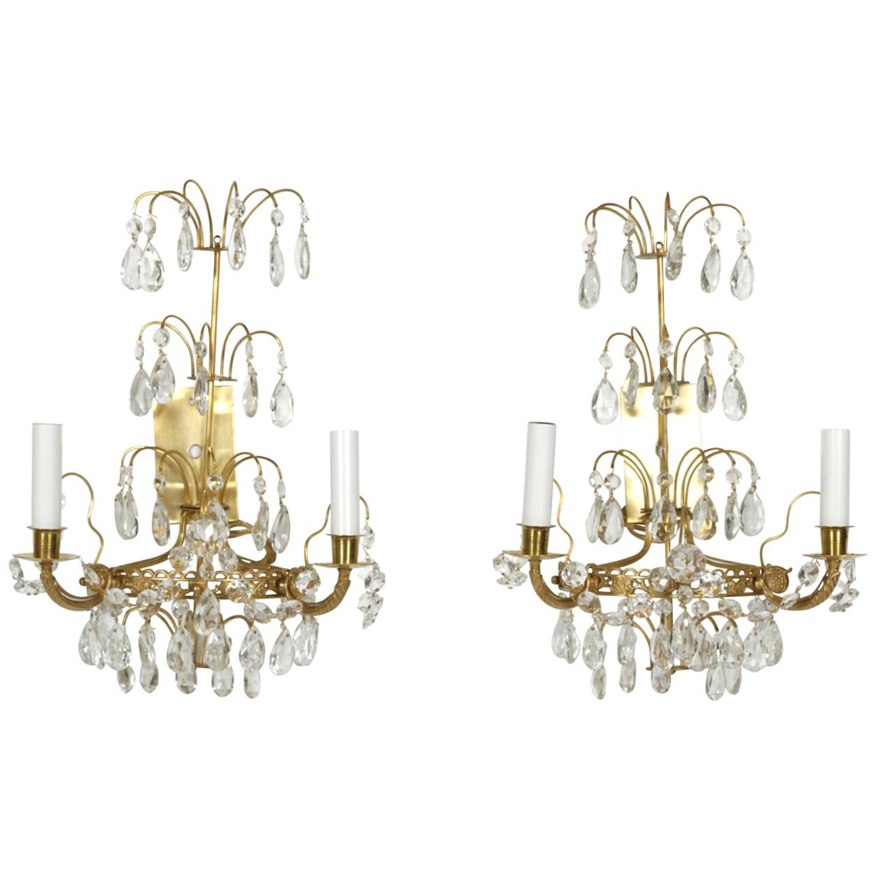 Pair of Swedish Crystal and Brass Sconces