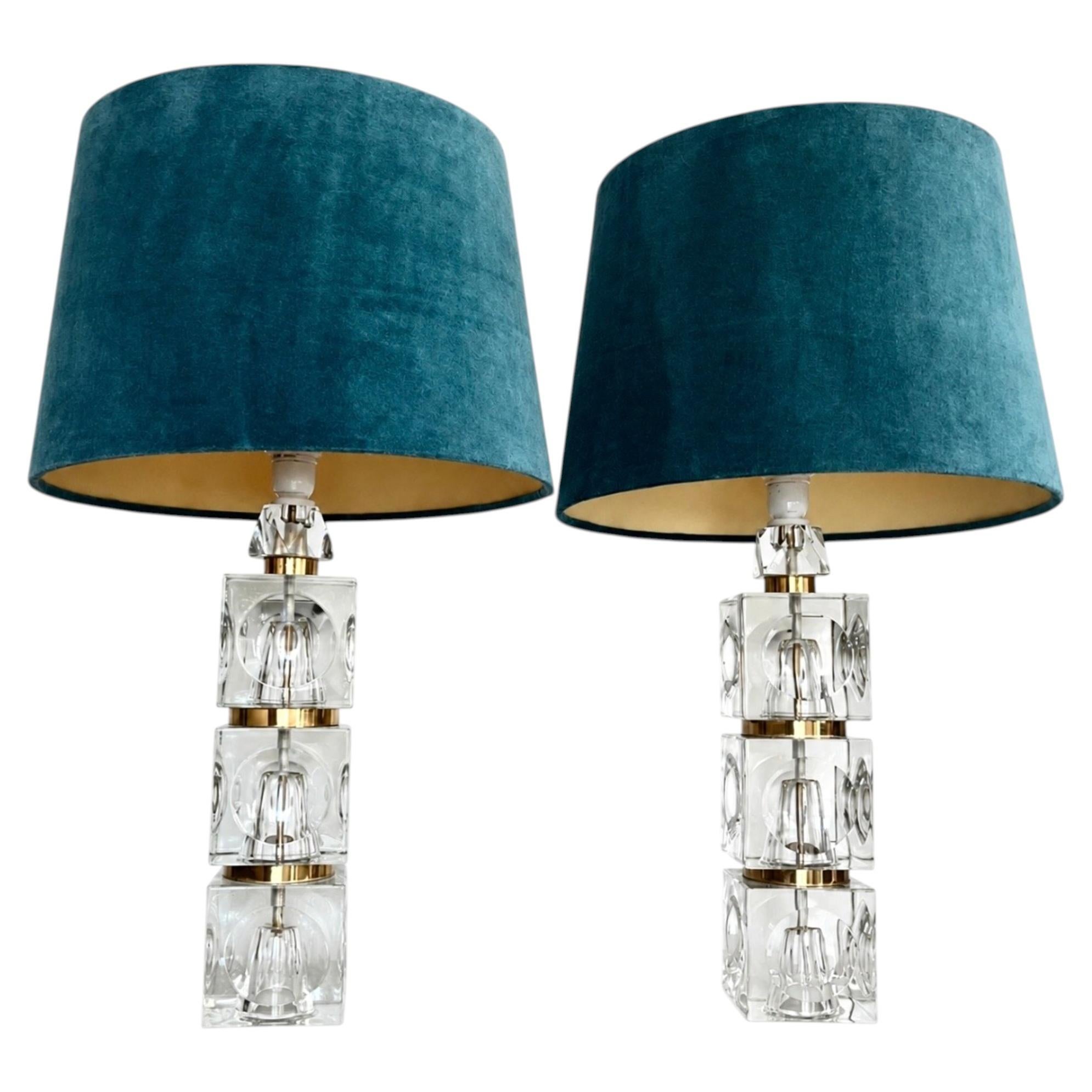 Pair of Swedish  Crystal  Brass Table Lamps, Attributed to Carl Fagerlund, 1970s