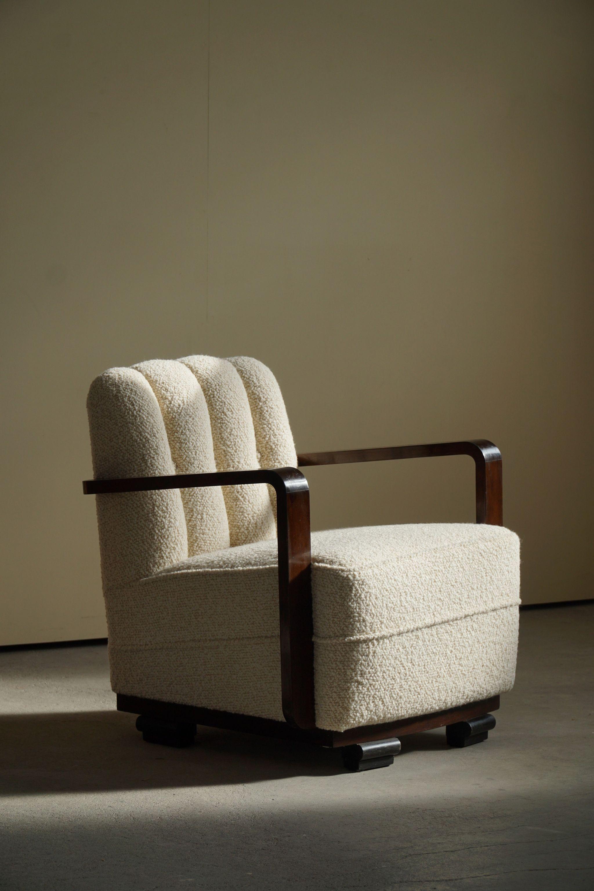 Pair of Swedish Curved Art Deco Lounge Chairs in White Bouclé, 1940s 12