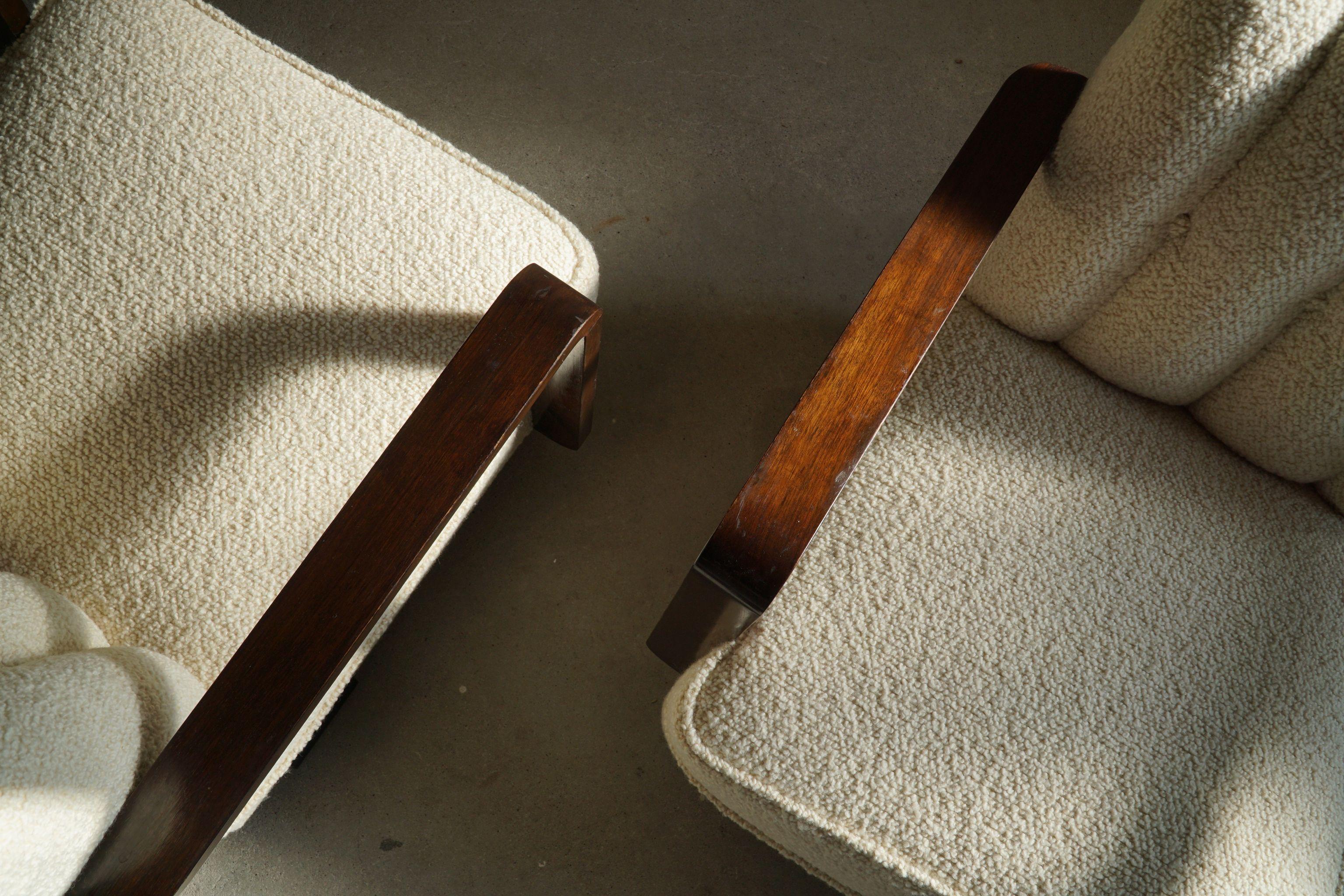 Pair of Swedish Curved Art Deco Lounge Chairs in White Bouclé, 1940s 15