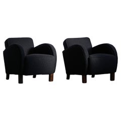 Antique Pair of Swedish Curved Art Deco Club Chairs, Reupholstered in Black Bouclé, 1930