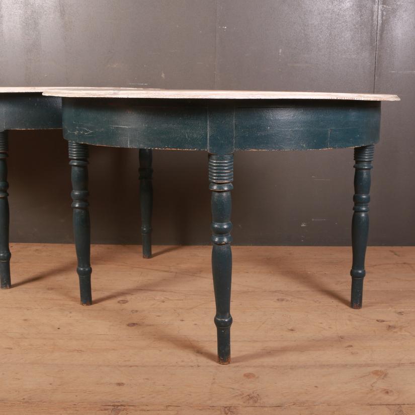 Pair of 19th century Swedish demilune console tables. These can also be put together to make a circular dining table. 1850

Dimensions
46 inches (117 cms) wide
23 inches (58 cms) deep
30 inches (76 cms) high.

    