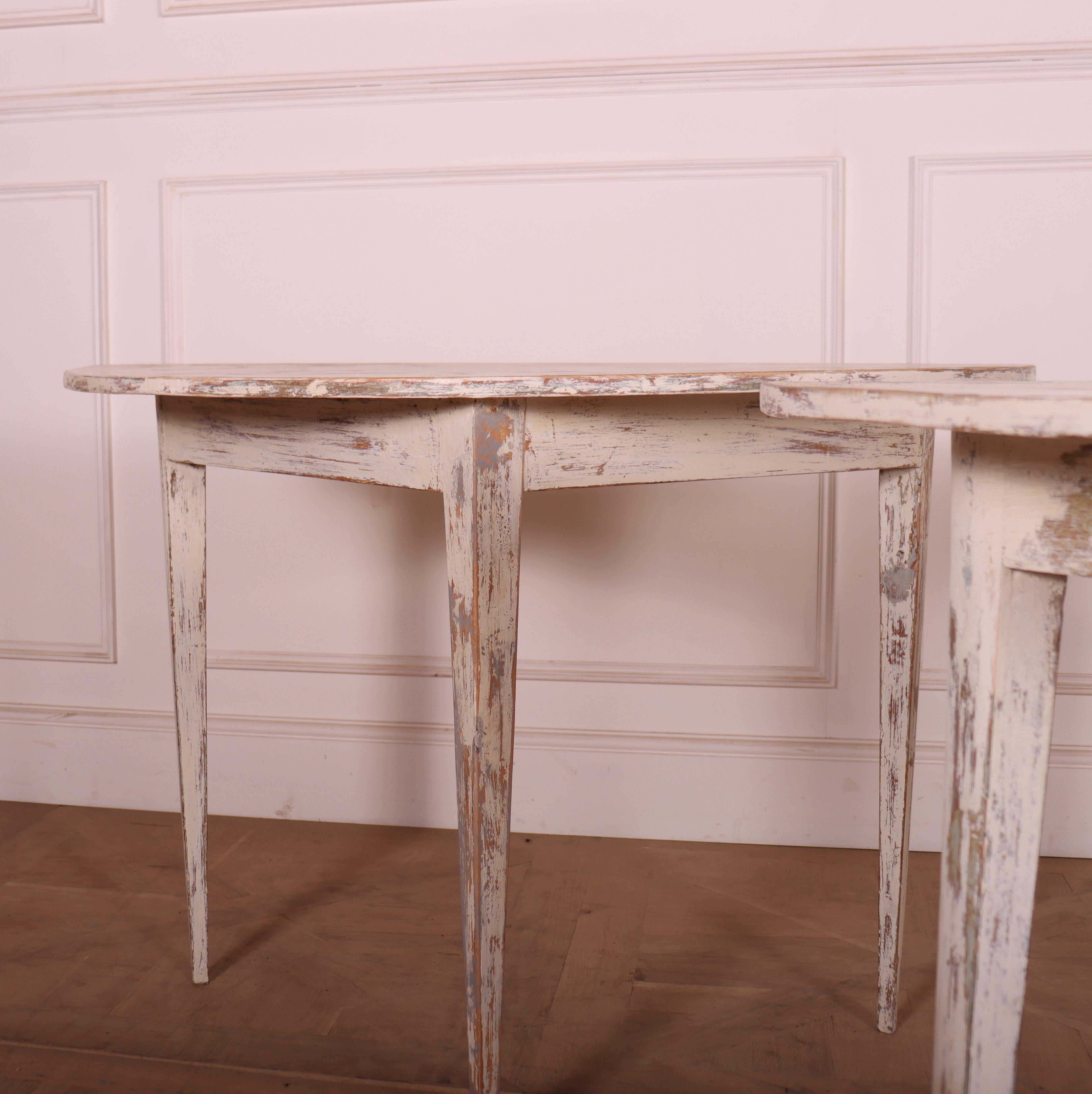 Painted Pair of Swedish Demi Lune Console Tables For Sale