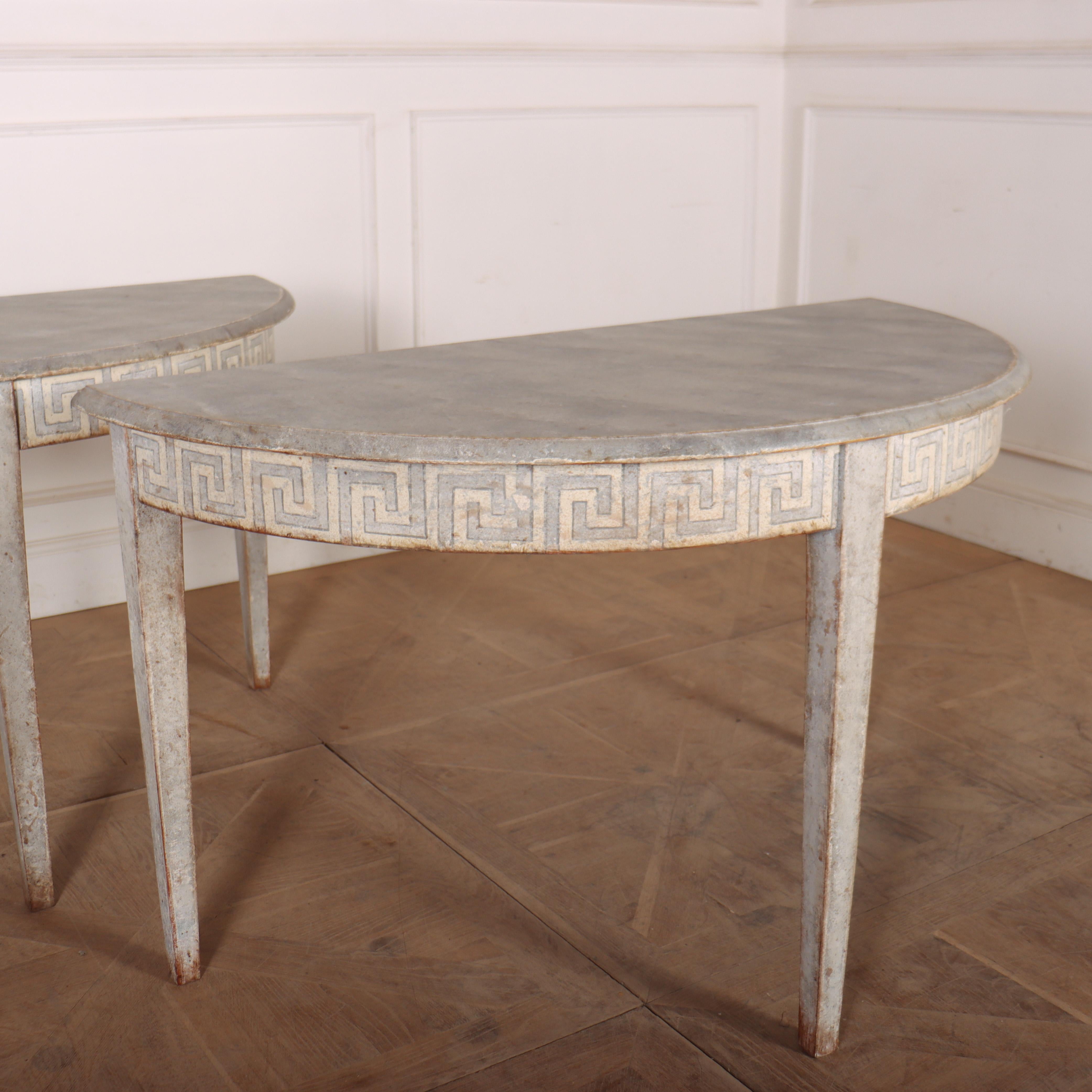 Painted Pair of Swedish Demi Lune Consoles For Sale