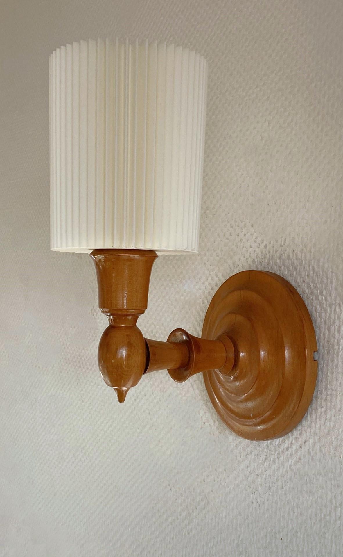 Scandinavian Modern Pair Swedish Designer Pine Wood Wall Sconces with Pleated Shades, Sweden, 1950s