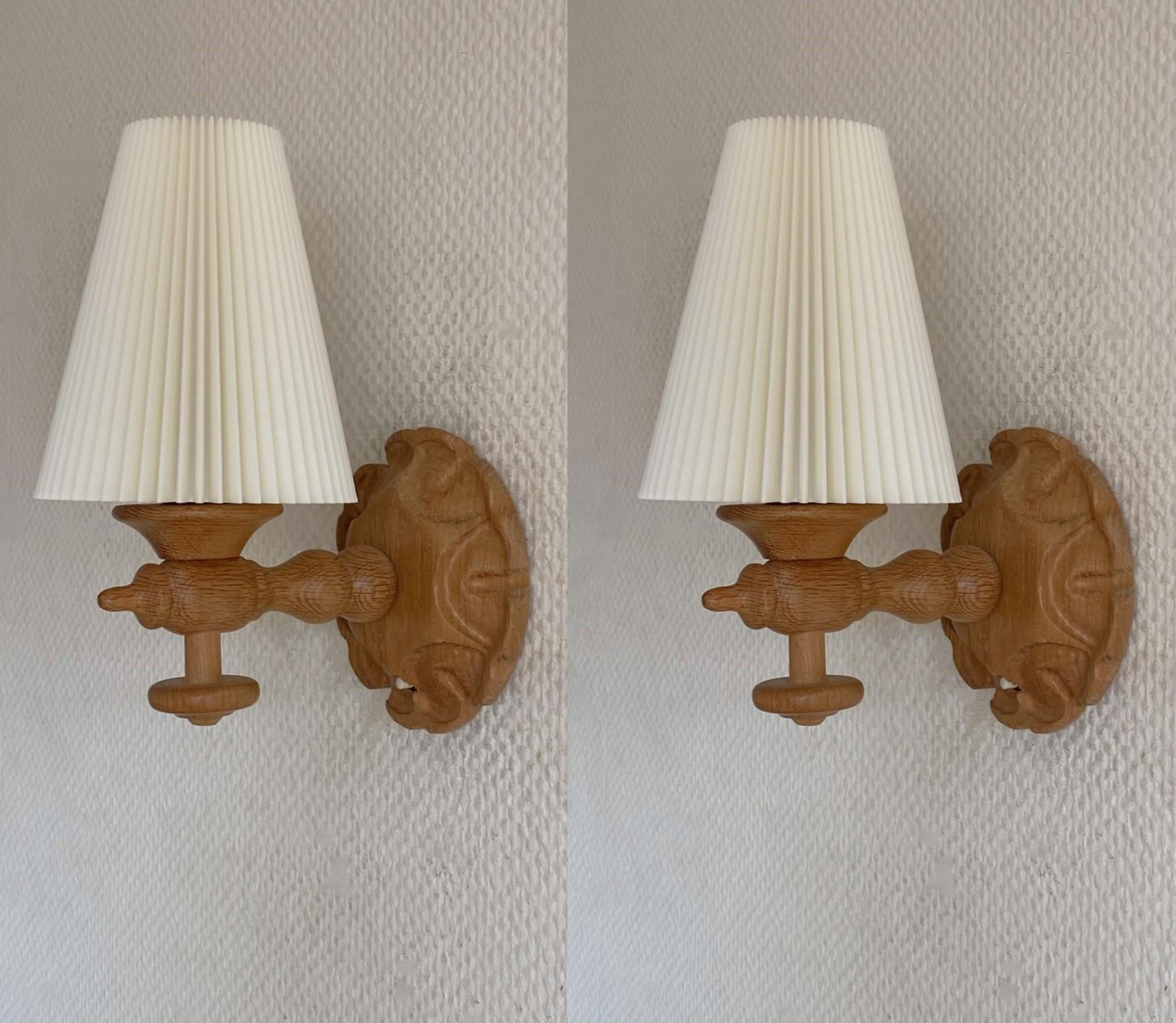 Scandinavian Modern Pair Swedish Designer Pine Wall Sconces with Pleated Shades, Sweden, 1950s