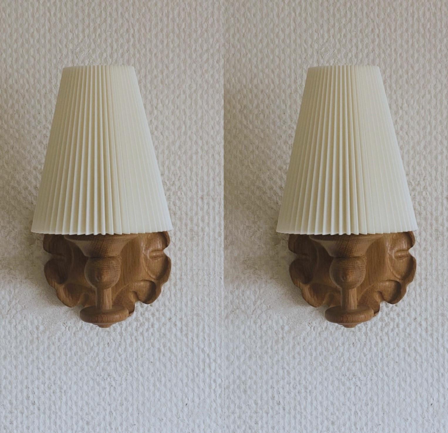 Hand-Carved Pair Swedish Designer Pine Wall Sconces with Pleated Shades, Sweden, 1950s