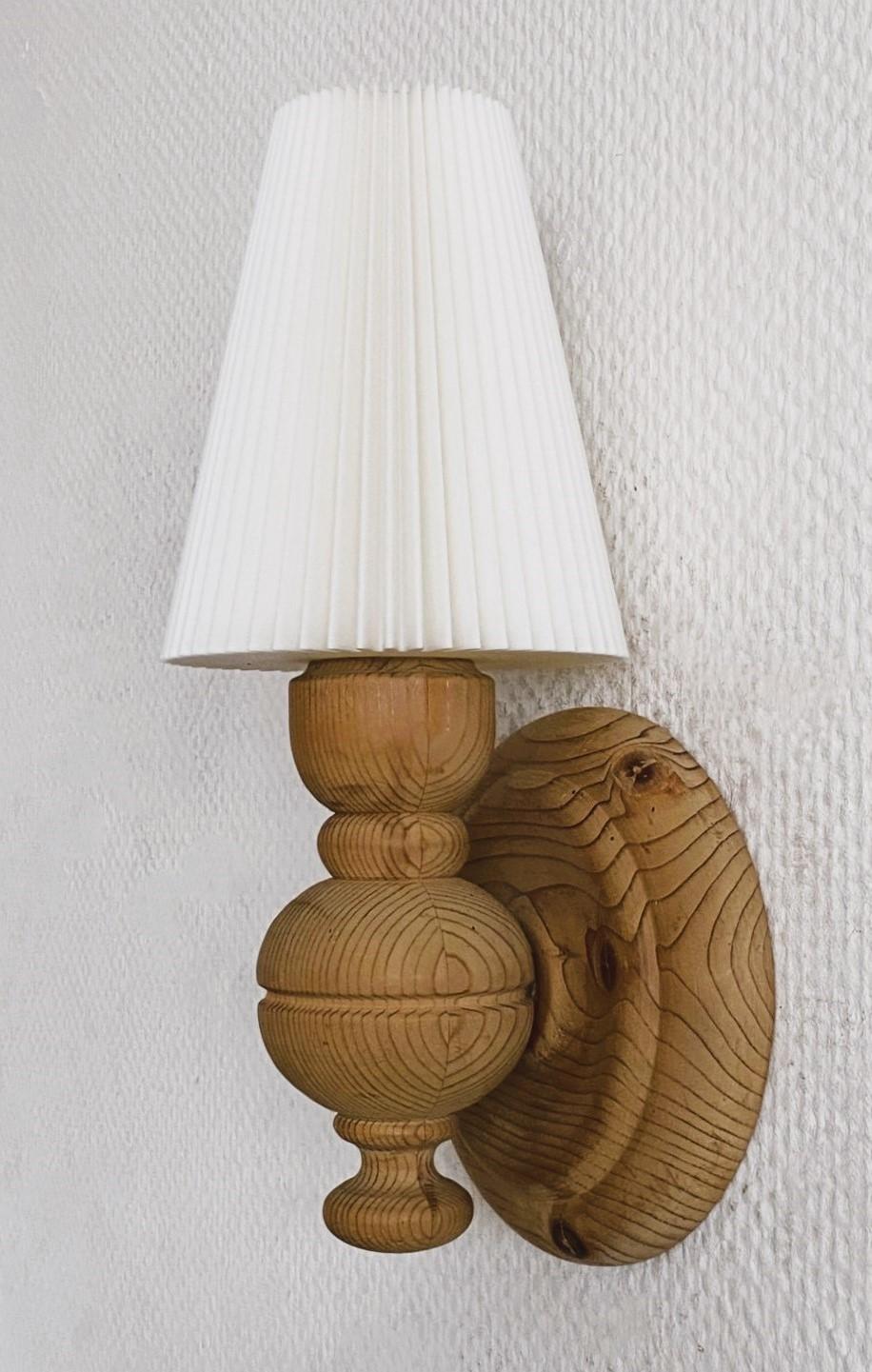 20th Century Pair of Swedish Designer Pine Wall Sconces with Pleated Shades, Sweden, 1950s