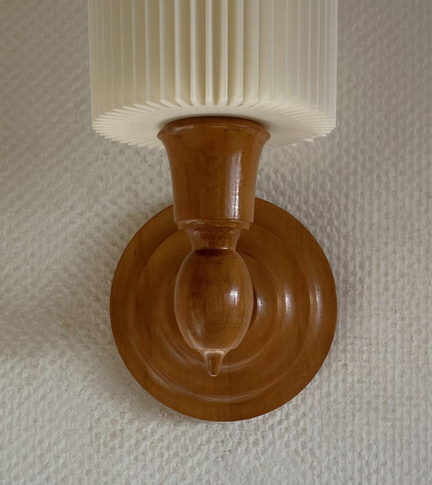 Plastic Pair Swedish Designer Pine Wood Wall Sconces with Pleated Shades, Sweden, 1950s
