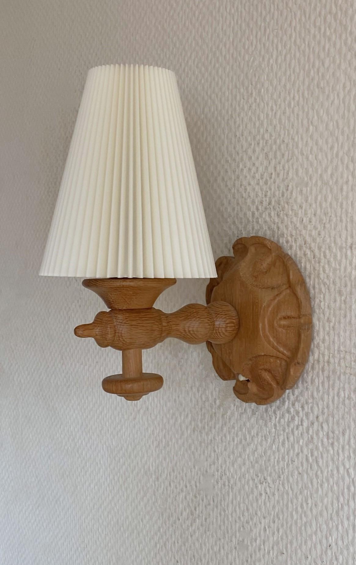 20th Century Pair Swedish Designer Pine Wall Sconces with Pleated Shades, Sweden, 1950s
