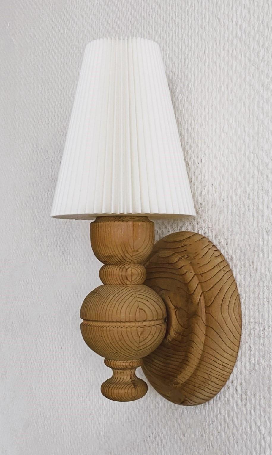 Plastic Pair of Swedish Designer Pine Wall Sconces with Pleated Shades, Sweden, 1950s