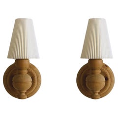 Pair of Swedish Designer Pine Wall Sconces with Pleated Shades, Sweden, 1950s