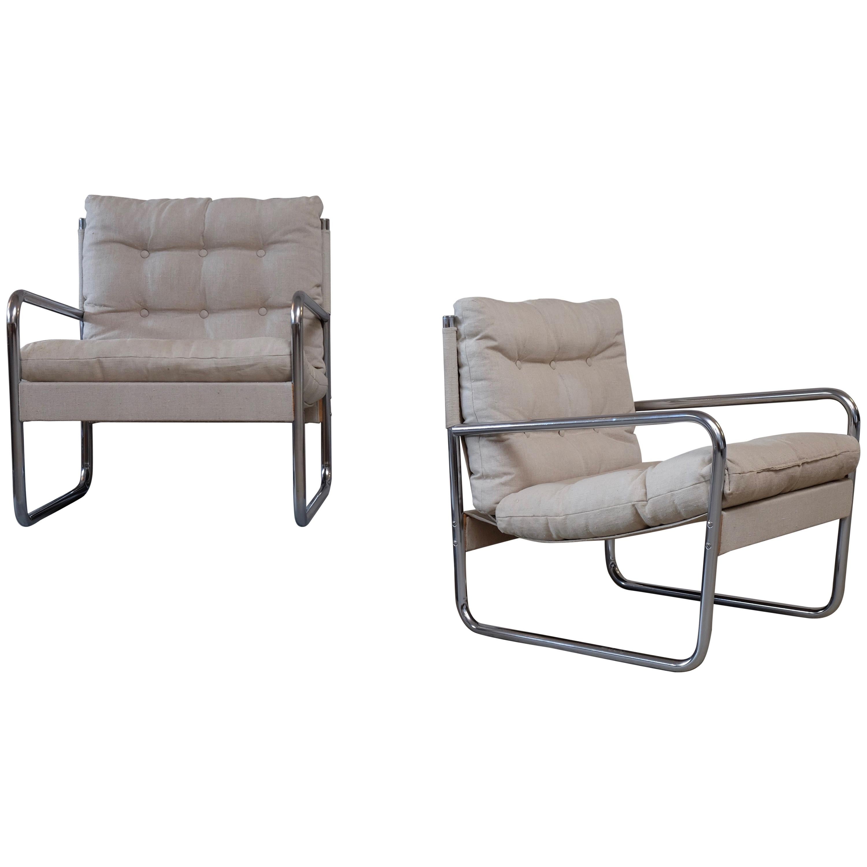 Pair of Swedish Easy Chairs, Canvas and Steel, 1970s