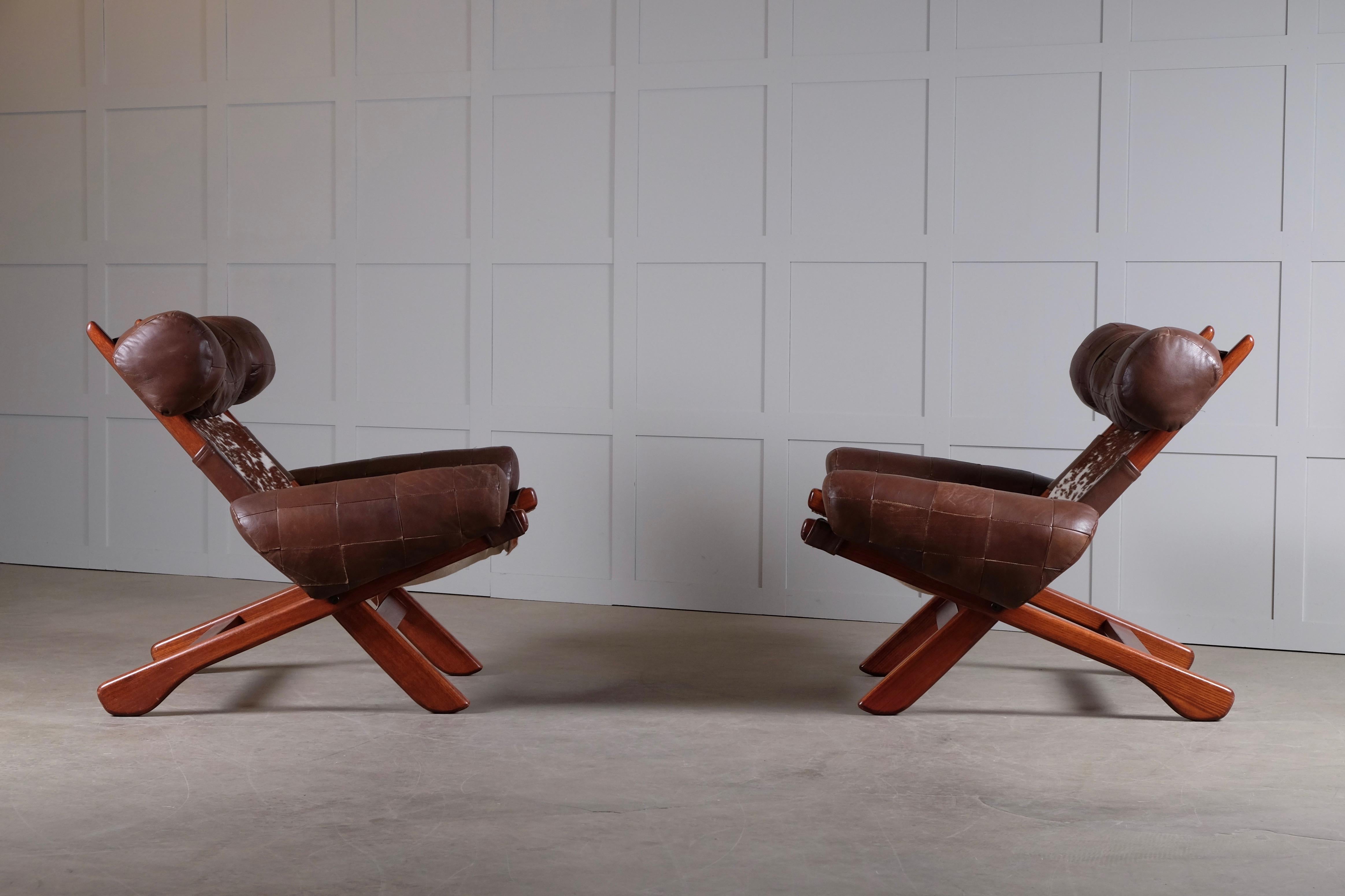 Pair of Swedish Easy Chairs with Cowhide, 1970s For Sale 5
