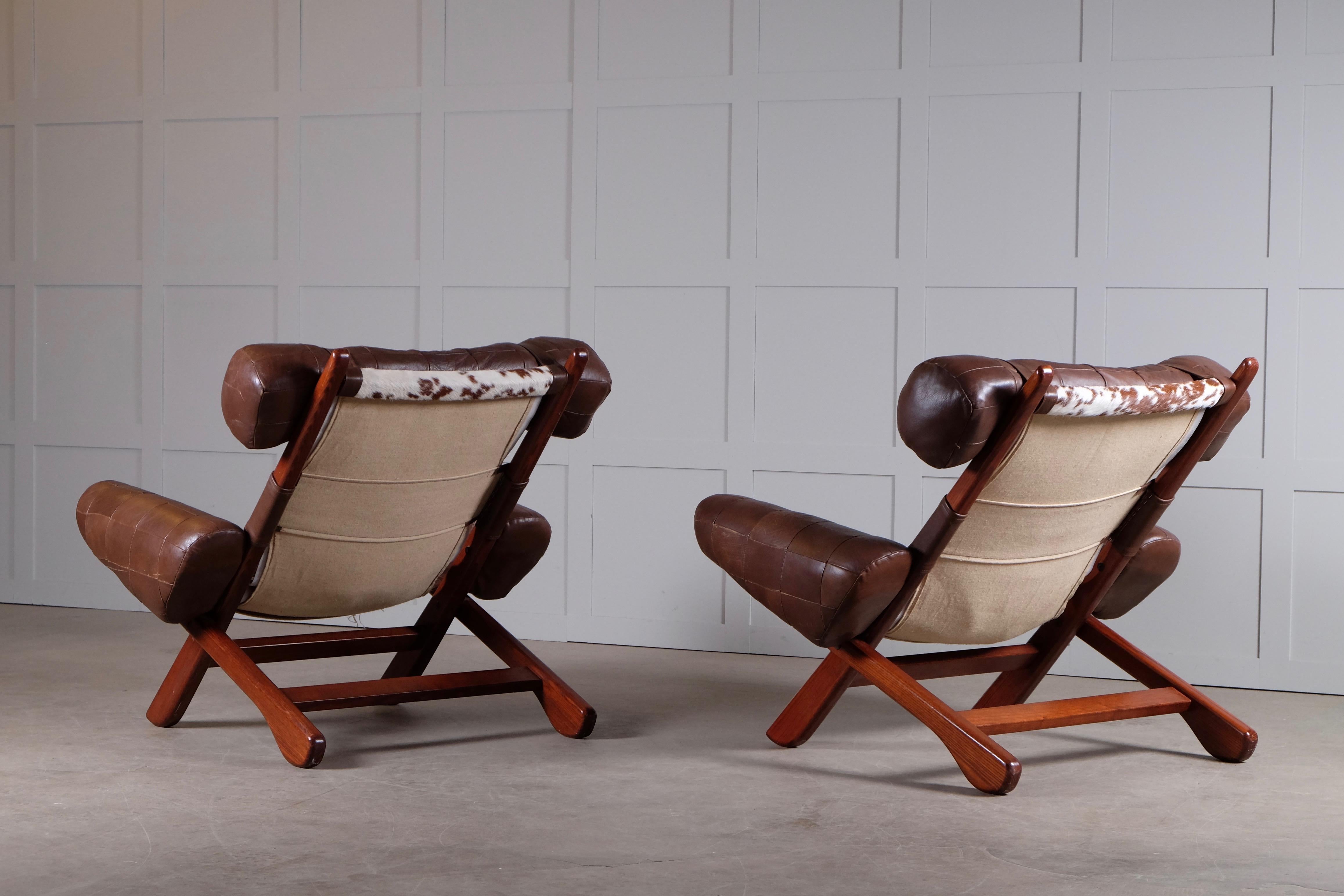 Pair of Swedish Easy Chairs with Cowhide, 1970s For Sale 6