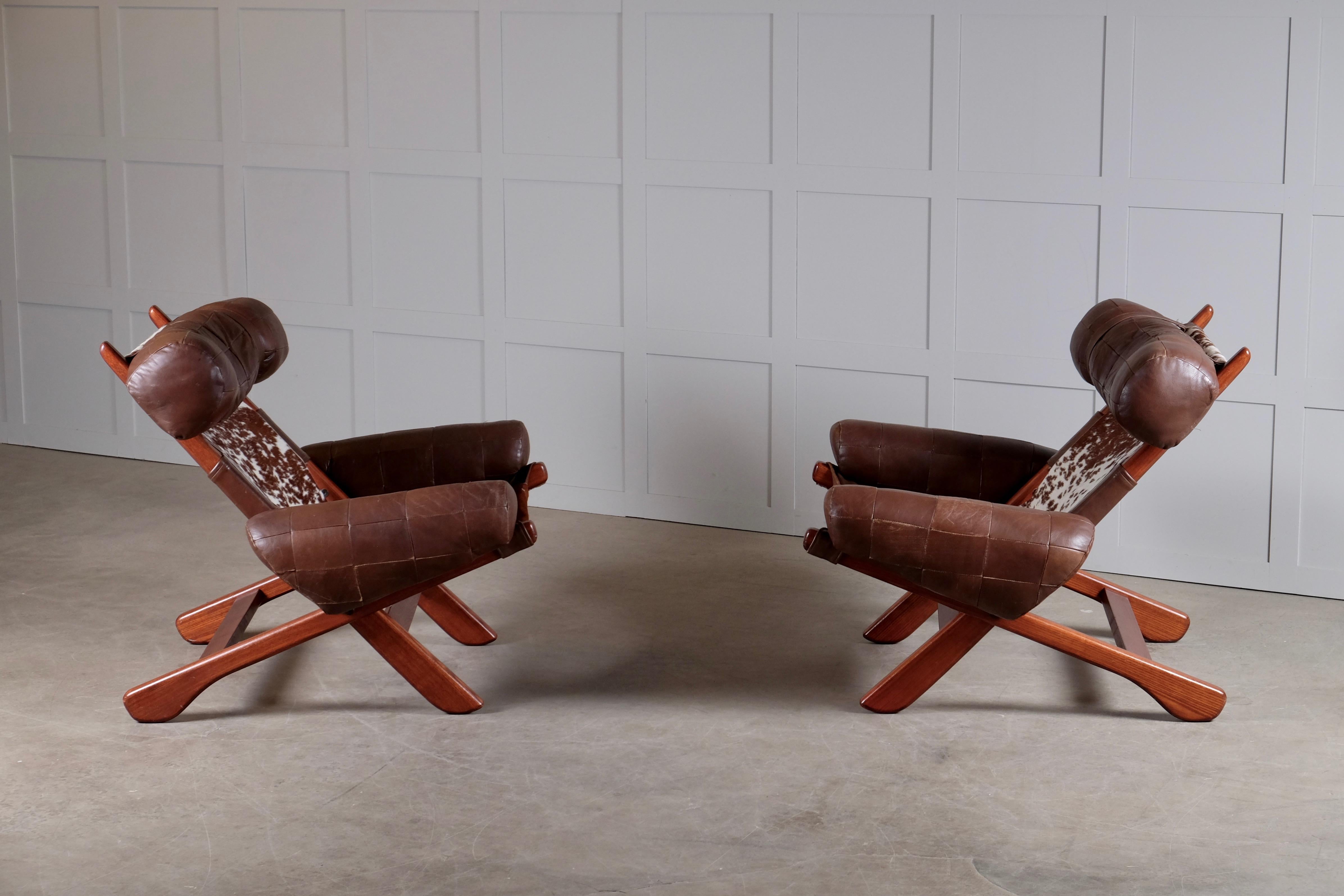 Pair of Swedish Easy Chairs with Cowhide, 1970s For Sale 7