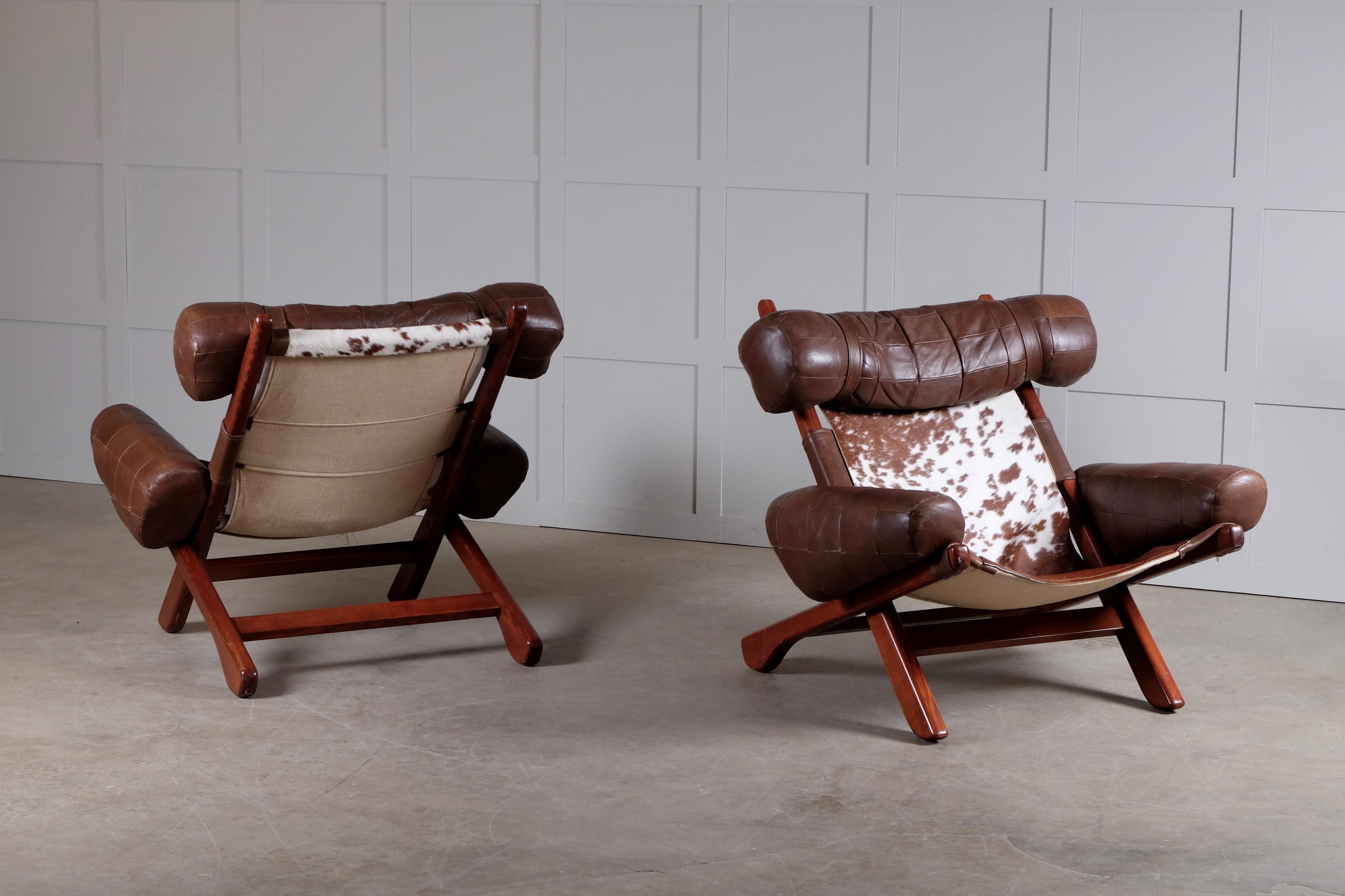 Late 20th Century Pair of Swedish Easy Chairs with Cowhide, 1970s For Sale