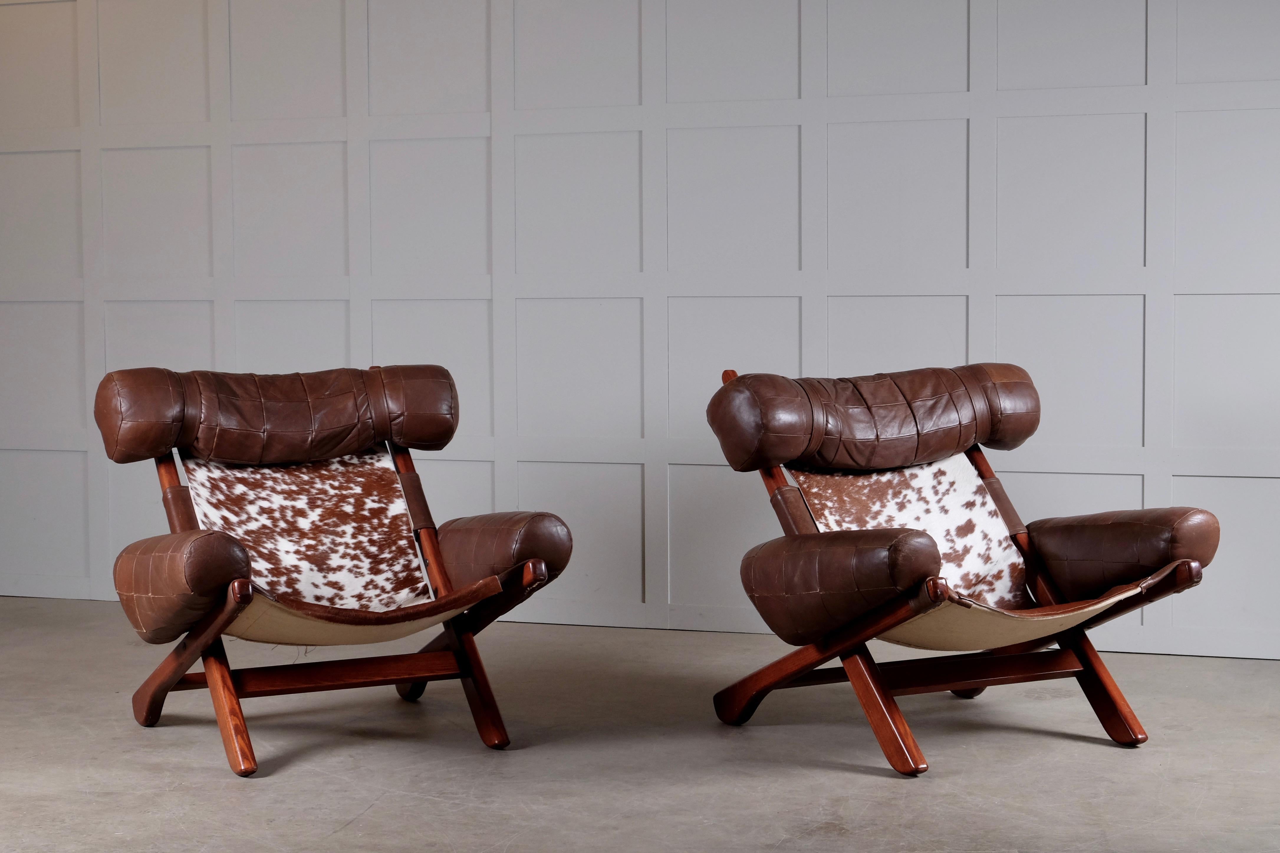 Pair of Swedish Easy Chairs with Cowhide, 1970s For Sale 1