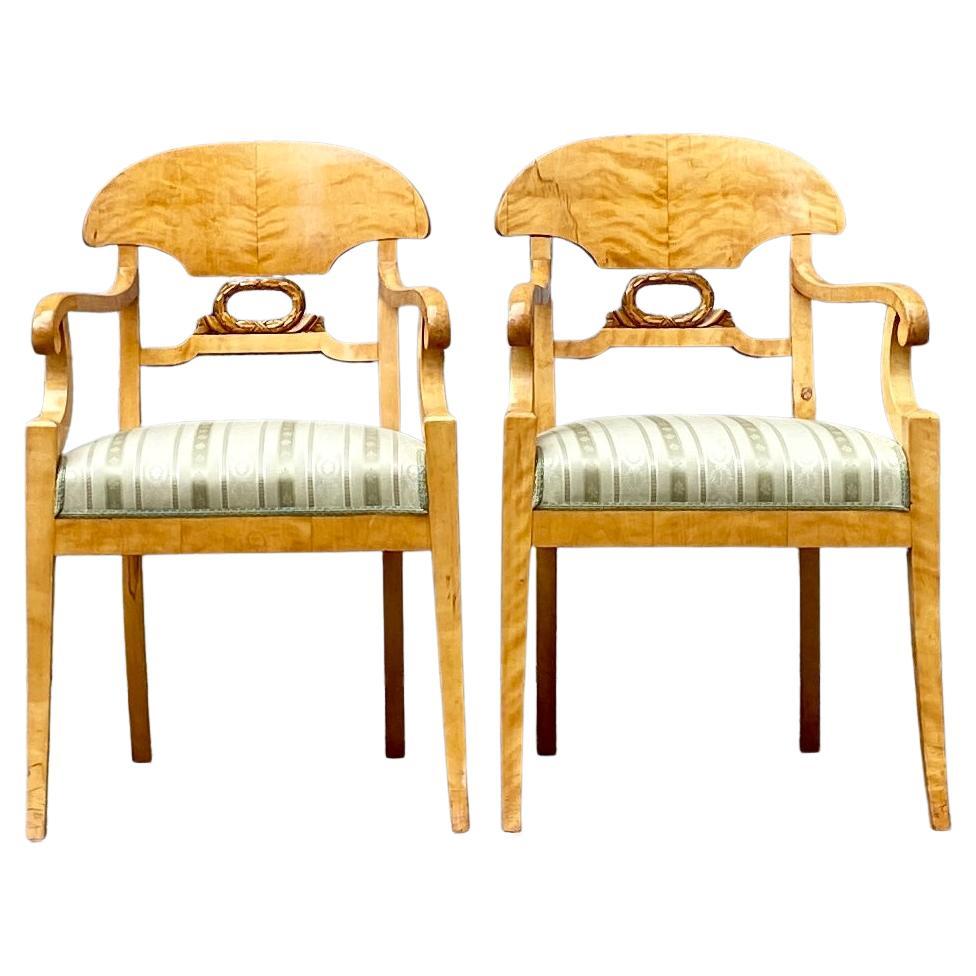 Pair of Swedish Empire Birch Wood Armchairs 19th Century Sweden For Sale