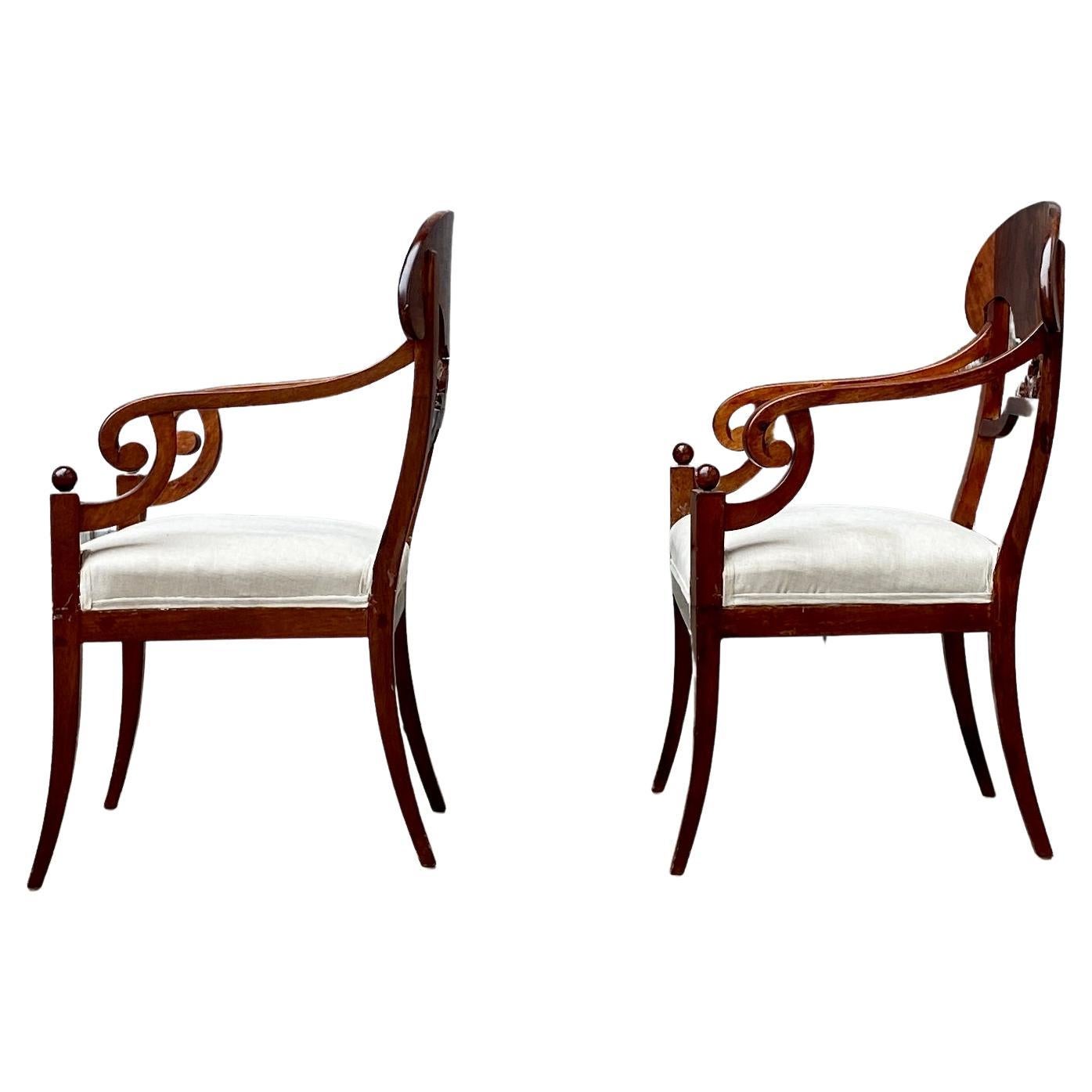 Gustavian Pair of Swedish Empire Mahogany Armchairs 19th Century Sweden For Sale