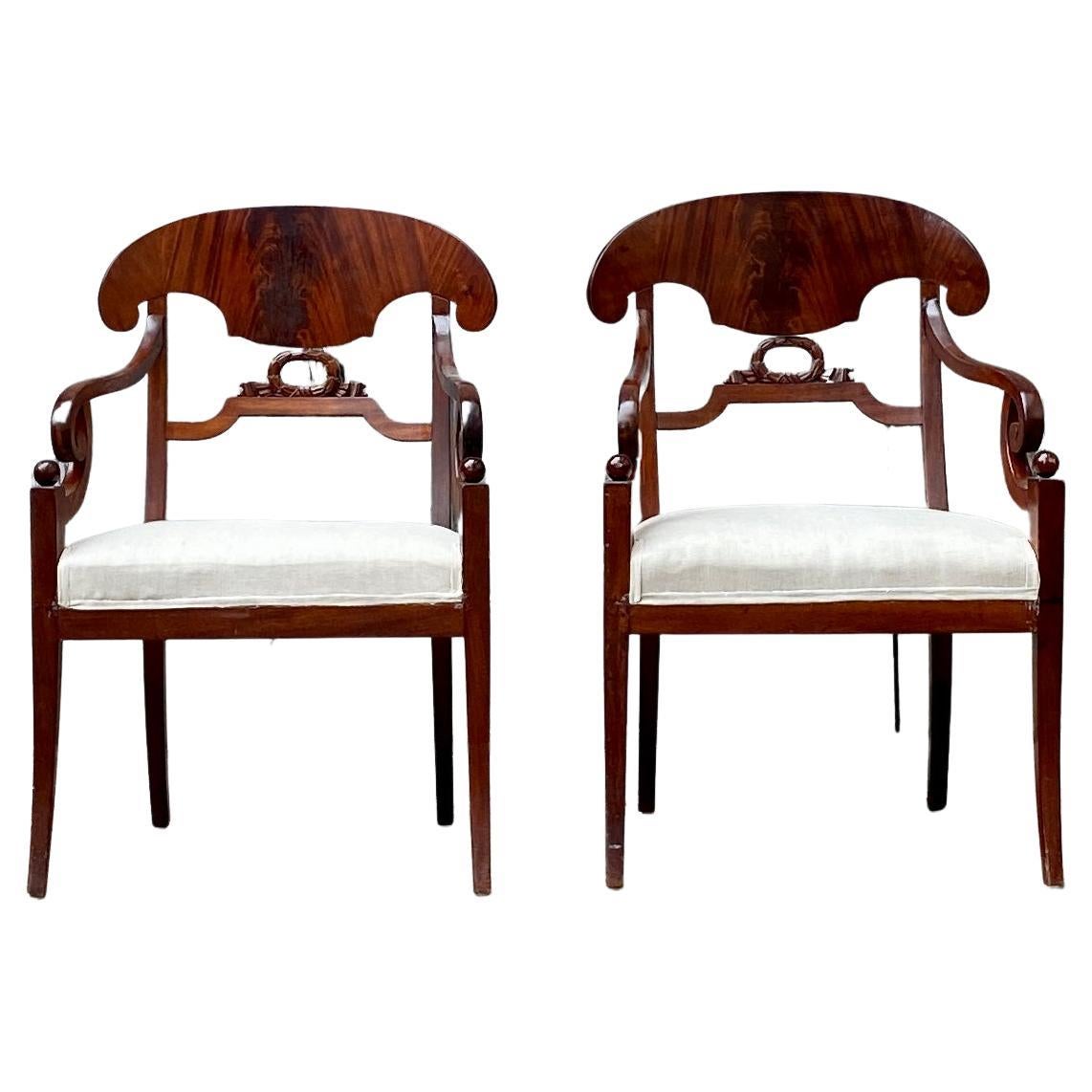 Pair of Swedish Empire Mahogany Armchairs 19th Century Sweden For Sale