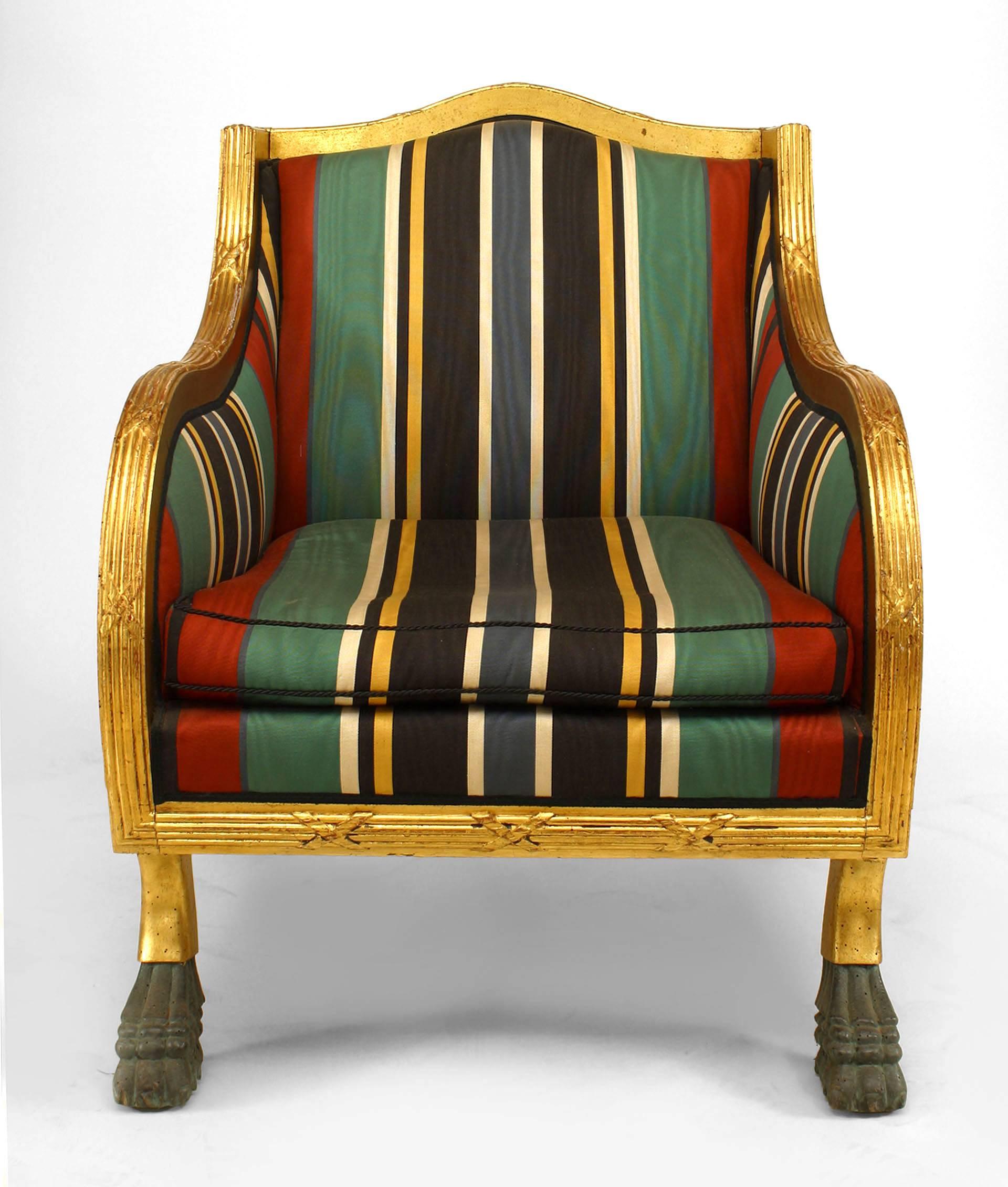 Pair of Swedish Empire Green Stripe Club Chairs In Good Condition For Sale In New York, NY