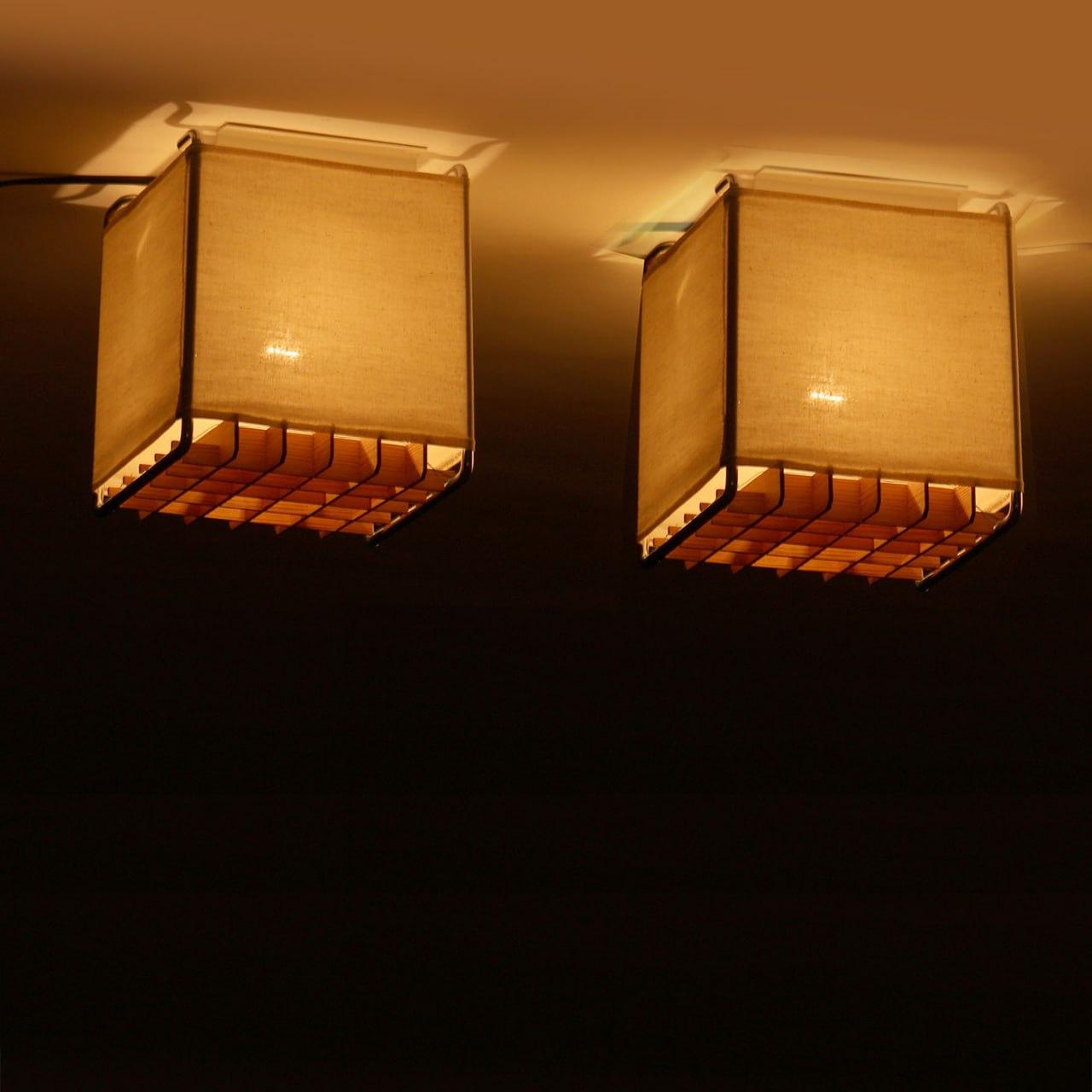 Métal Pair of Swedish Flush Mount Ceiling Lamps in Metal and Fabric, 1970s en vente