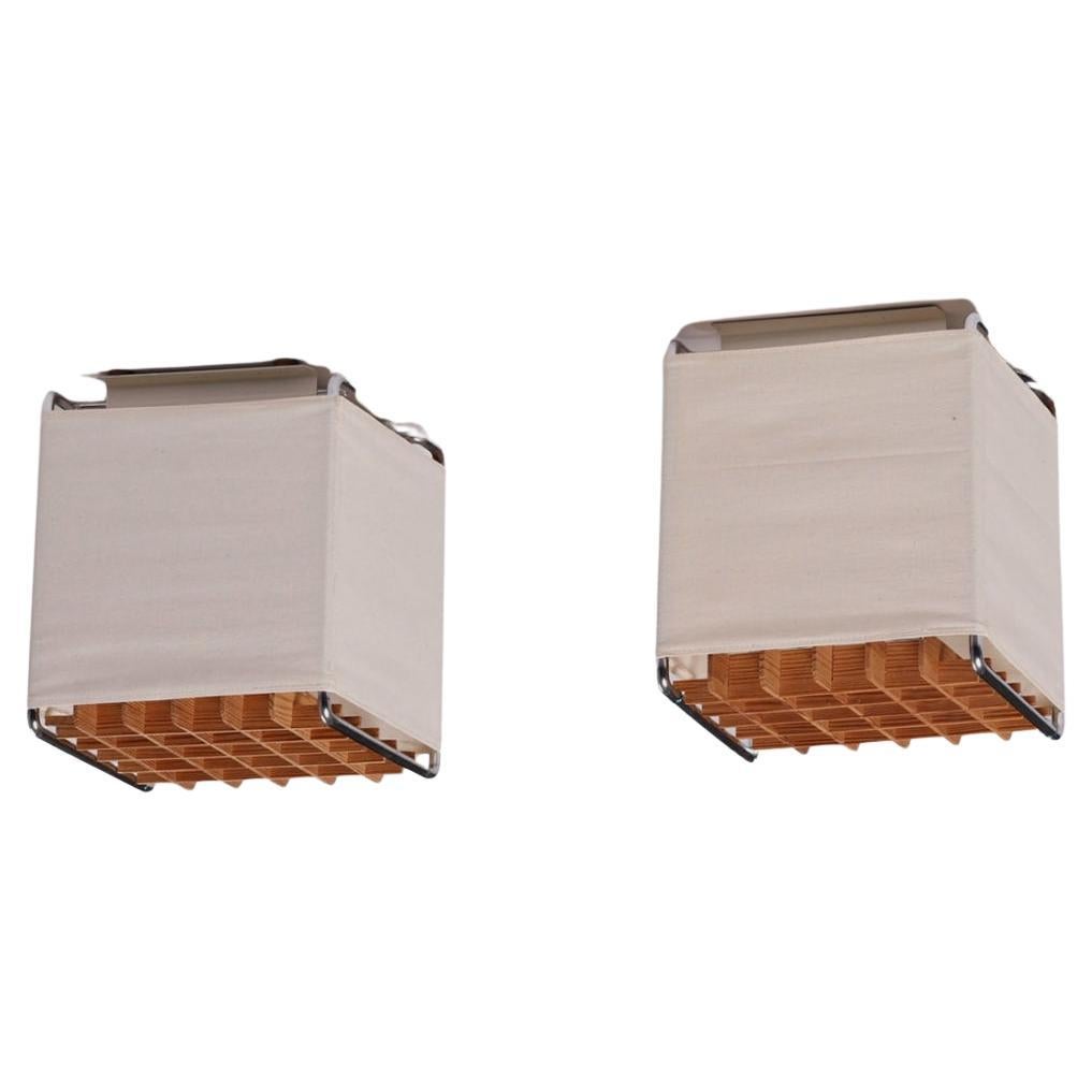 Pair of Swedish Flush Mount Ceiling Lamps in Metal and Fabric, 1970s