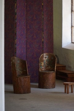 Pair of Swedish Folk Art Stump Chairs, Painted Floral Motifs, Late 19th Century