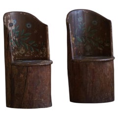 Pair of Swedish Folk Art Stump Chairs, Painted Floral Motifs, Late 19th Century