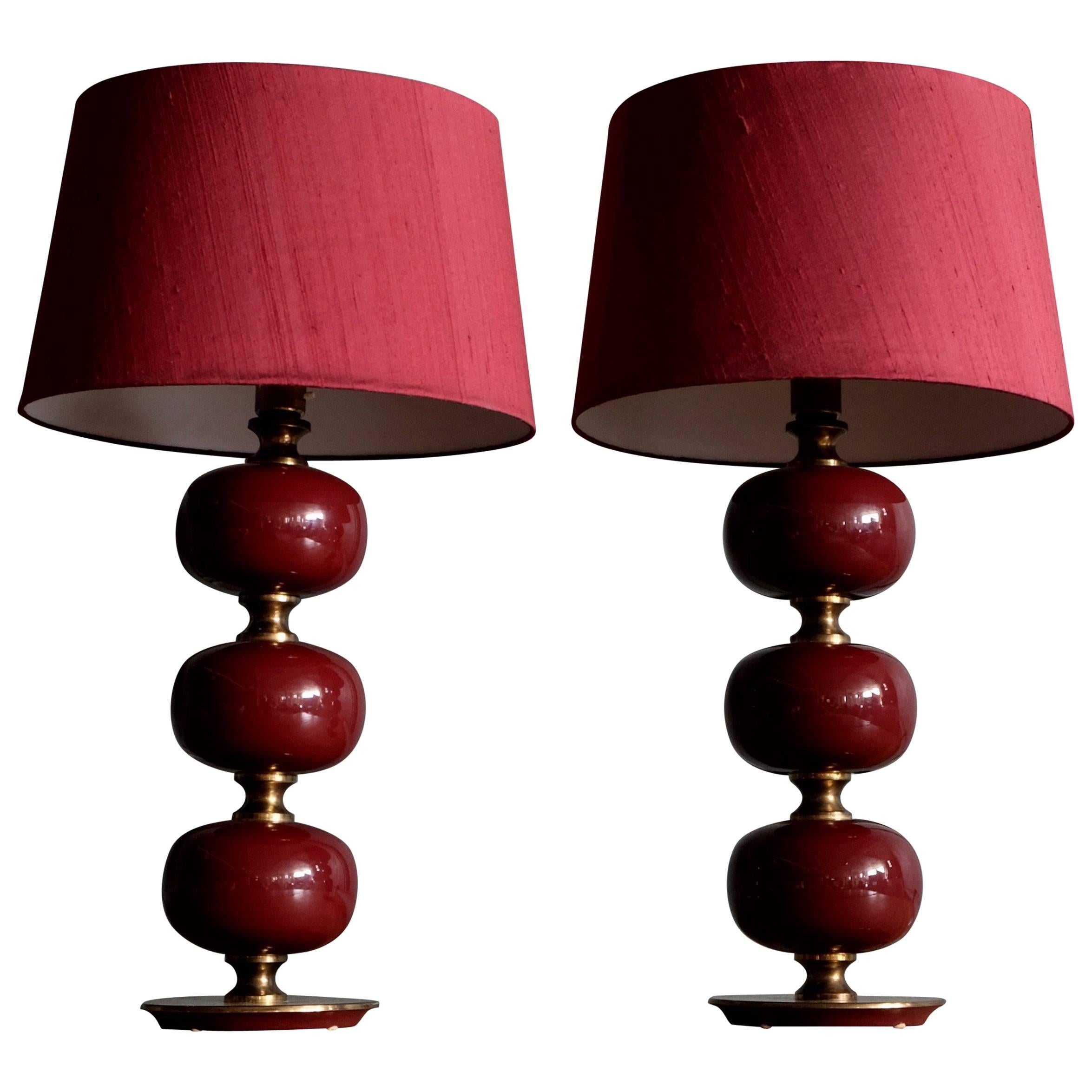 Pair of Swedish Glass and Brass Table Lamps by Tranås Stilarmatur, 1960s