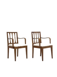 Pair of Swedish Grace Armchairs with Sculptural Laminated Armrests and Bouclé