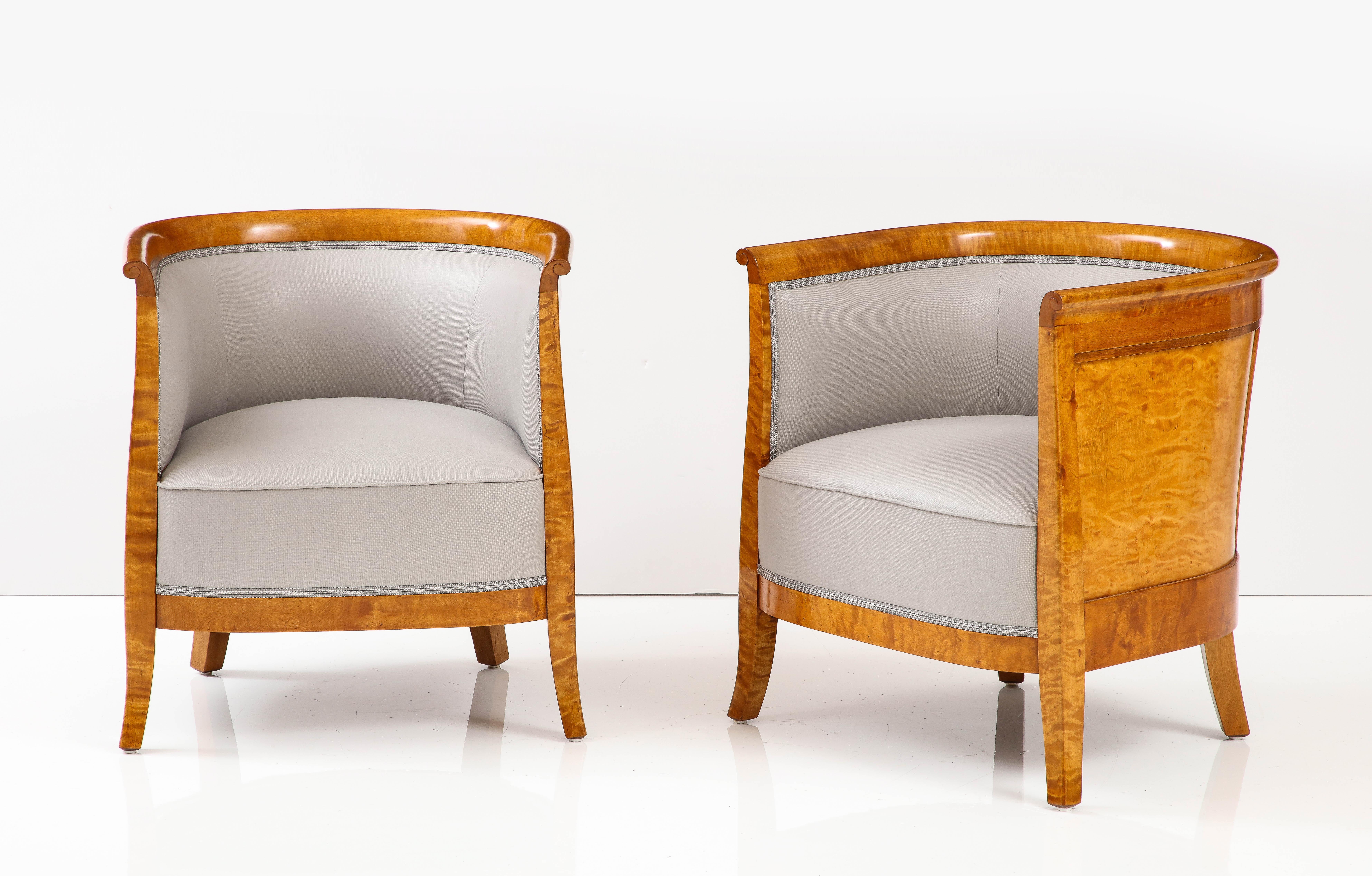 Scandinavian Modern Pair of Swedish Grace Birch Barrel Back Club Chairs, circa 1930