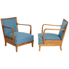 Pair of Swedish Grace Birchwood Open Armchairs, circa 1940s