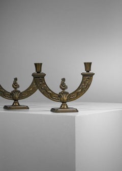 Pair of swedish grace candlesticks in gilded metal Scandinavian