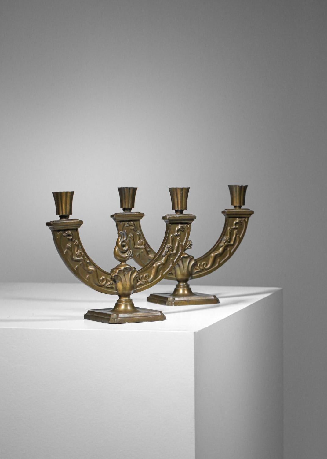 Mid-20th Century Pair of swedish grace candlesticks in gilded metal Scandinavian  For Sale
