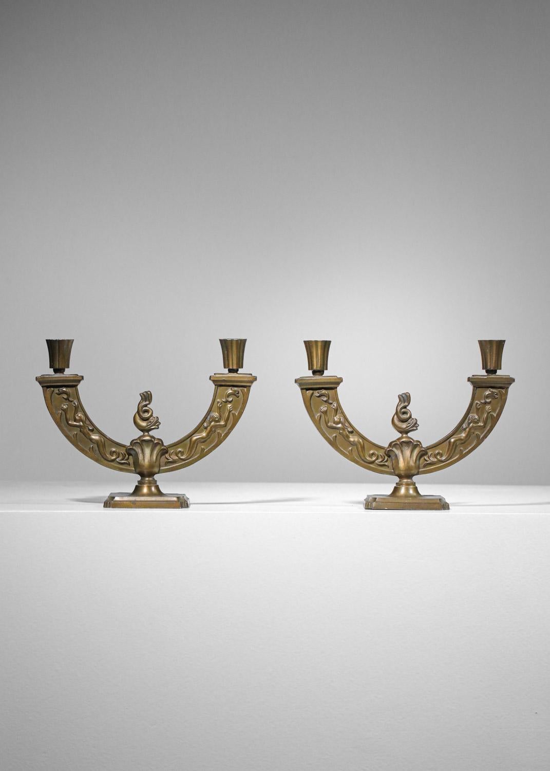 Pair of swedish grace candlesticks in gilded metal Scandinavian  For Sale 2