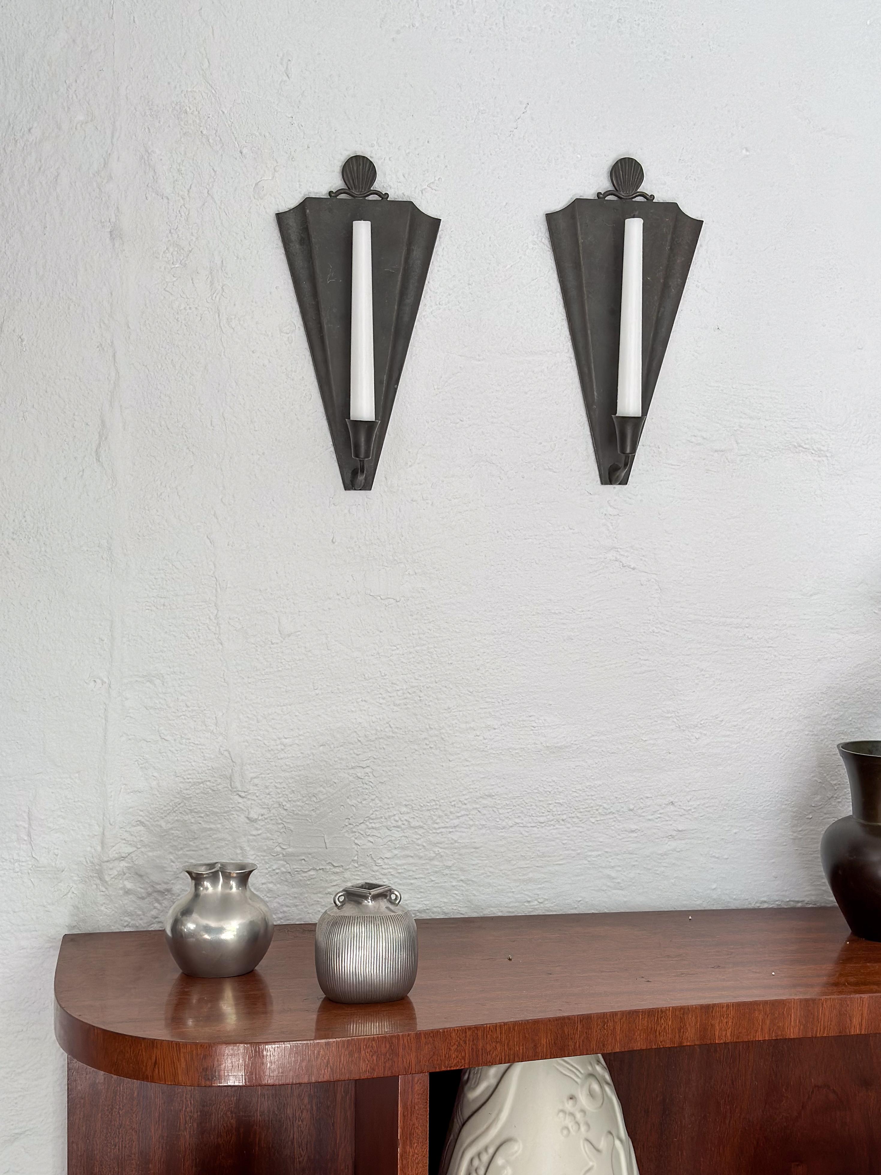 Scandinavian Modern Pair of Swedish Grace Patinated Bronze Candle Sconces by Ystad Metall 1930s