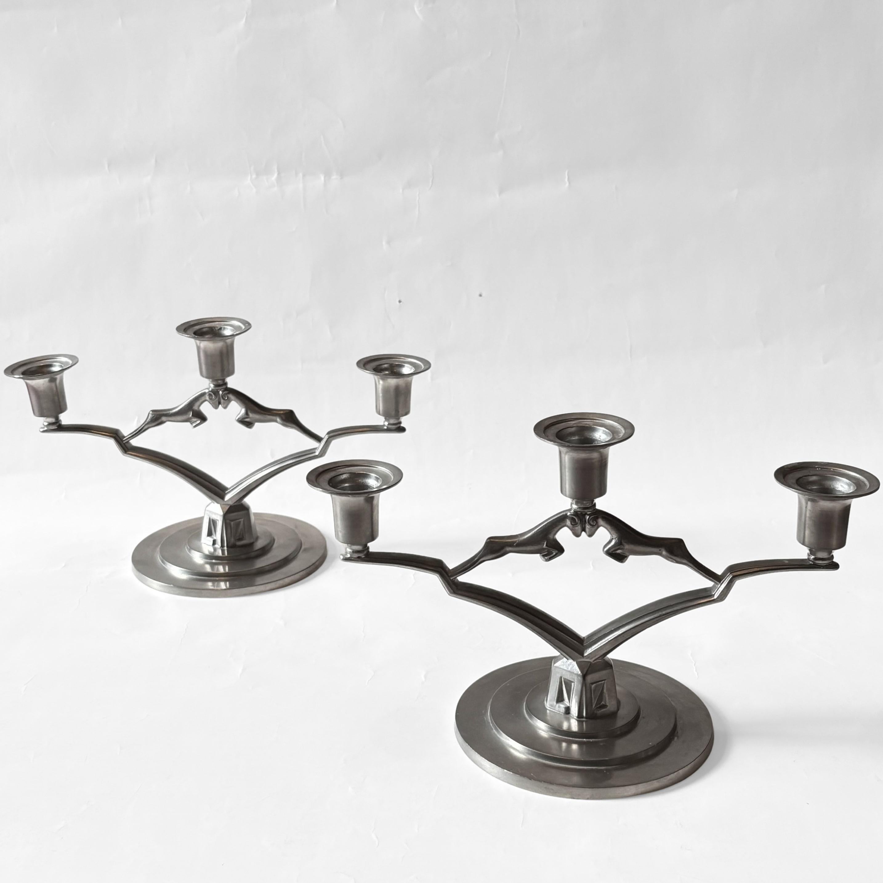 Art Deco Pair of Swedish Grace Pewter Candelabra by Thorild Knutson, Gränna, 1935 For Sale