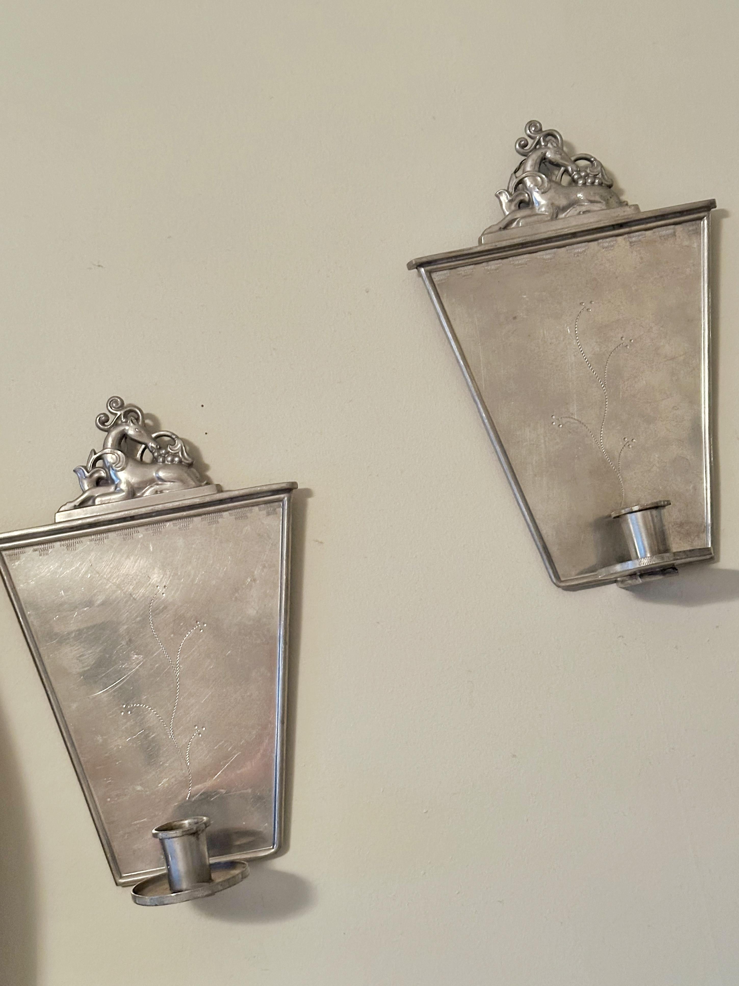Art Deco Pair of Swedish Grace Pewter Candlesticks by C G Hallberg. 1920s.