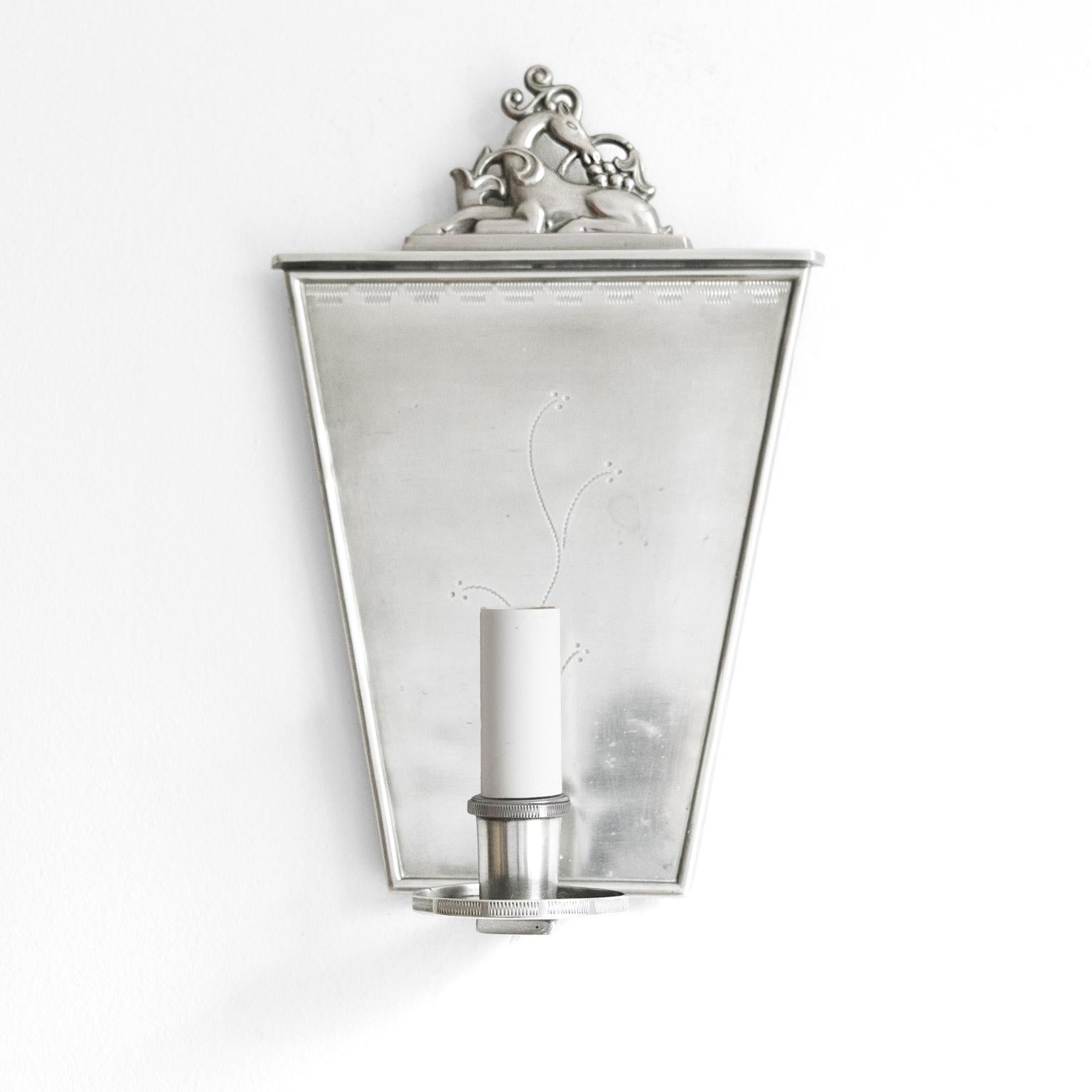 Lacquered Pair of Swedish Grace polished Pewter Sconces by, C.G. Hallberg, Stockholm