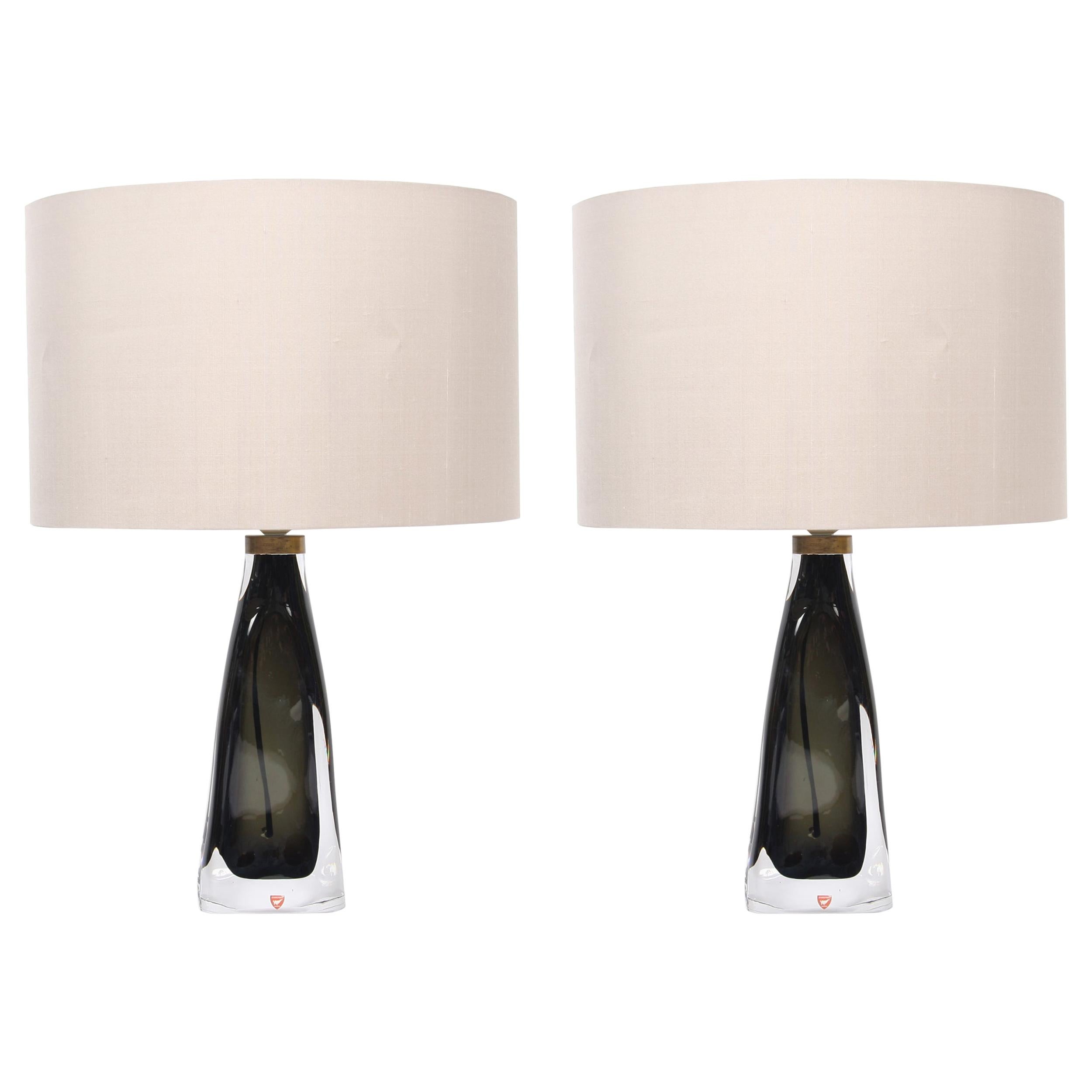 Pair of Swedish Green Orrefors Lamps For Sale