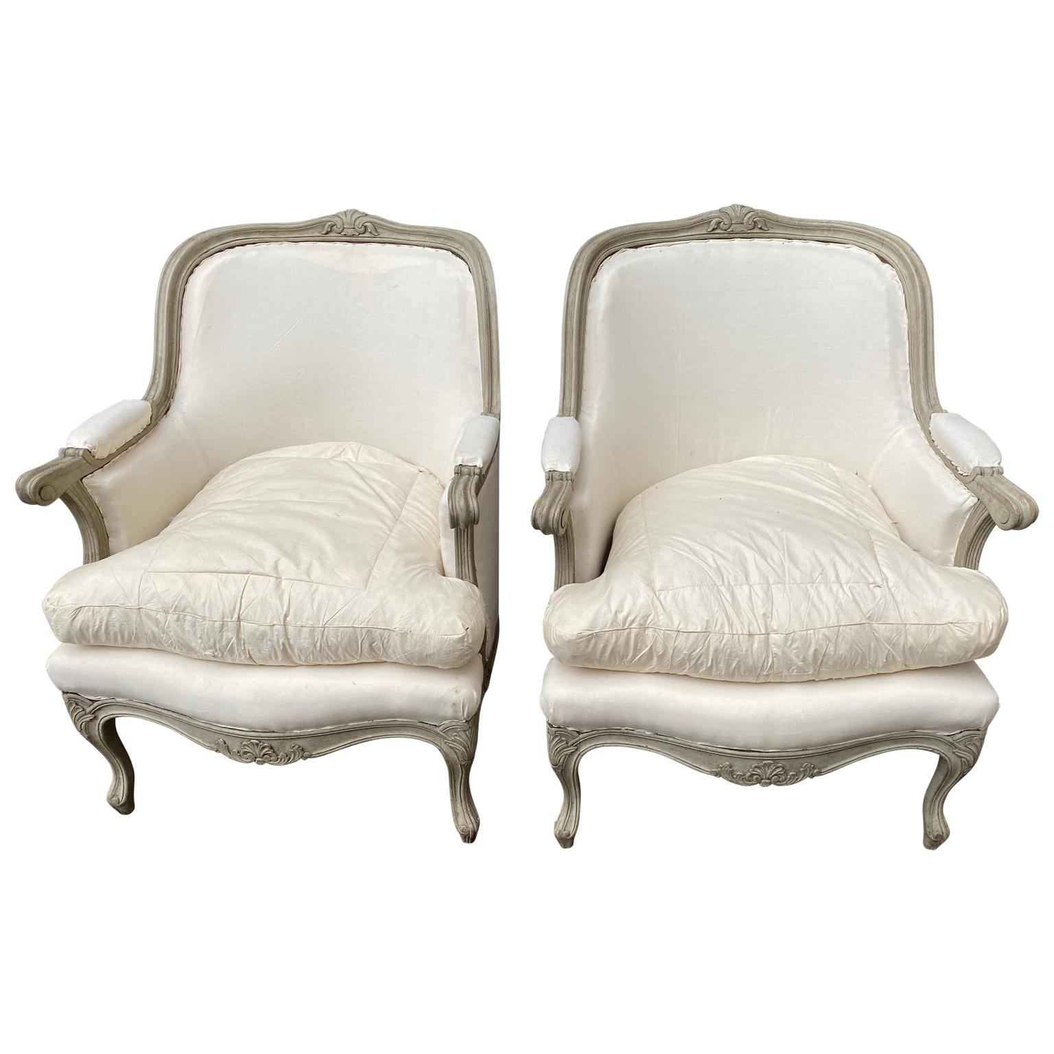 Rococo Pair of Swedish Grey Painted Bergere Armchairs