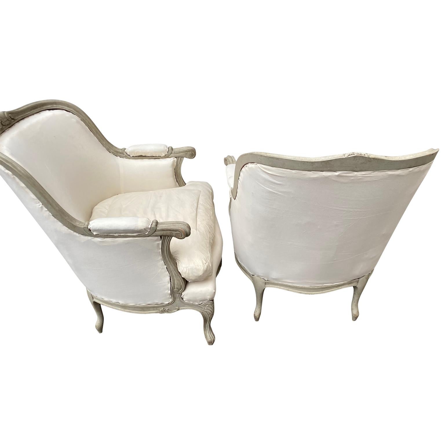 Hand-Painted Pair of Swedish Grey Painted Bergere Armchairs