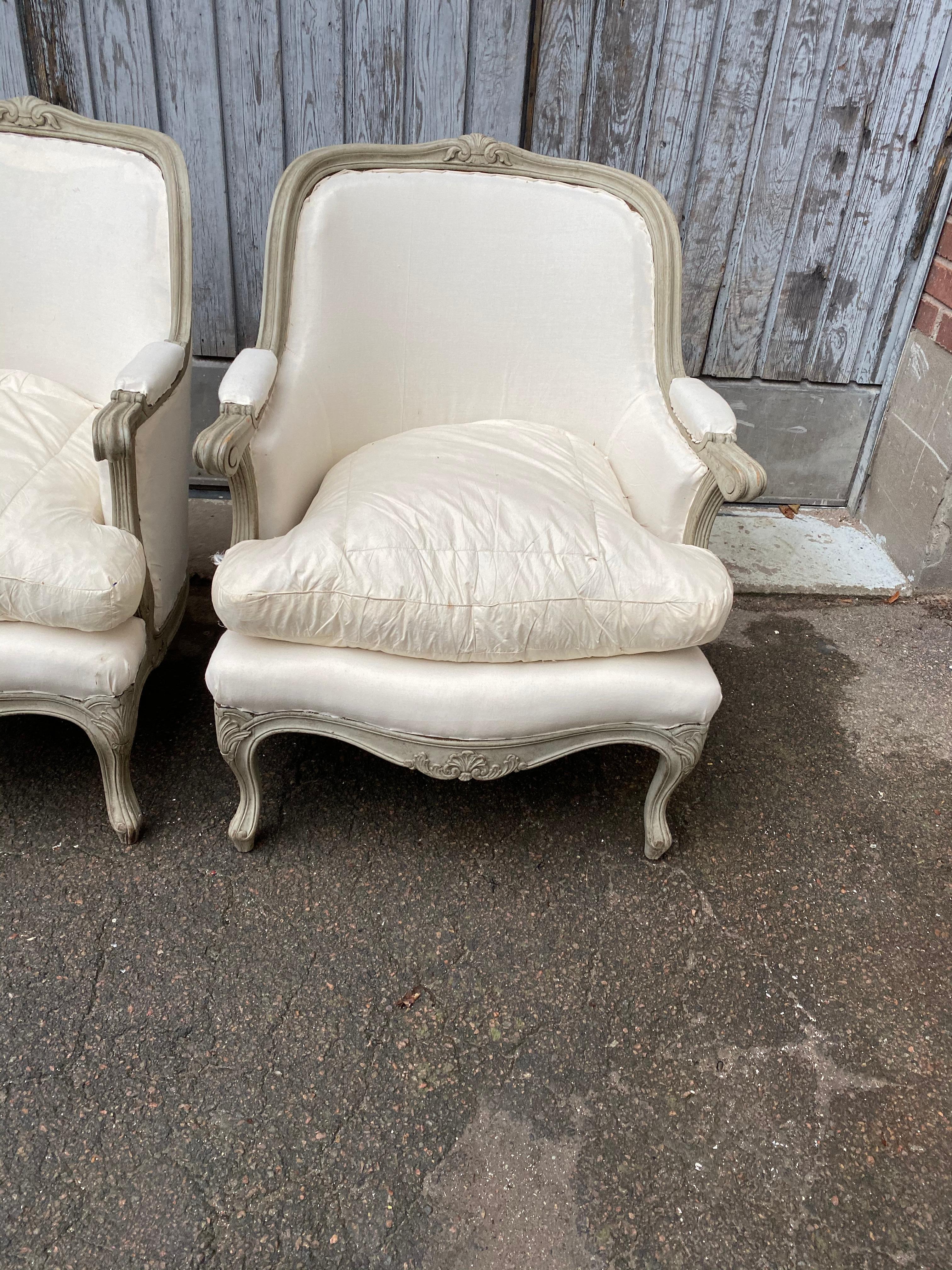 Wood Pair of Swedish Grey Painted Bergere Armchairs